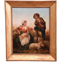 Large 19th Century French Shepherds and Sheep Oil Painting in Gilt Frame