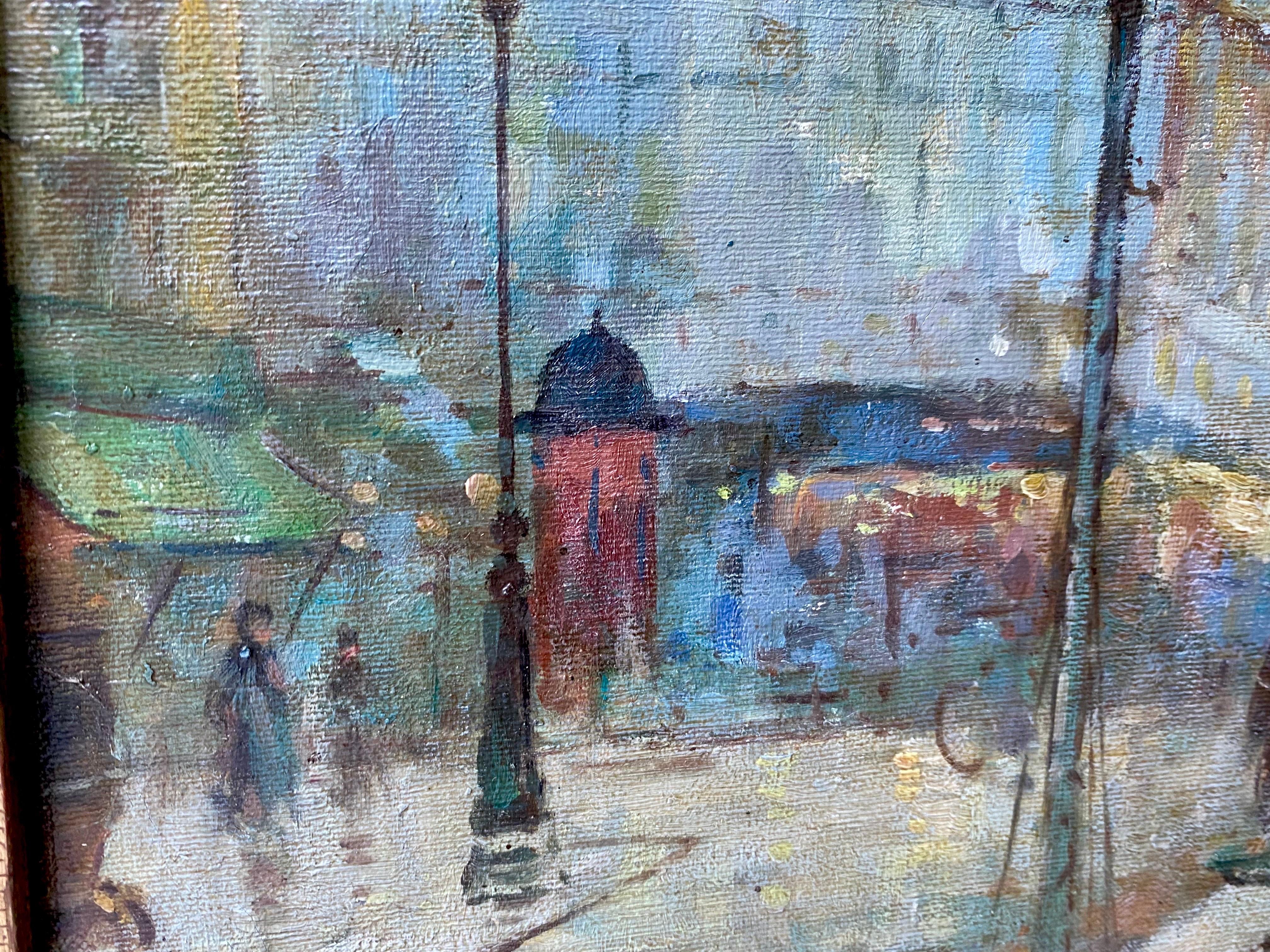 Large 19th century style French impressionist cityscape - Flower market Paris - Impressionist Painting by Unknown