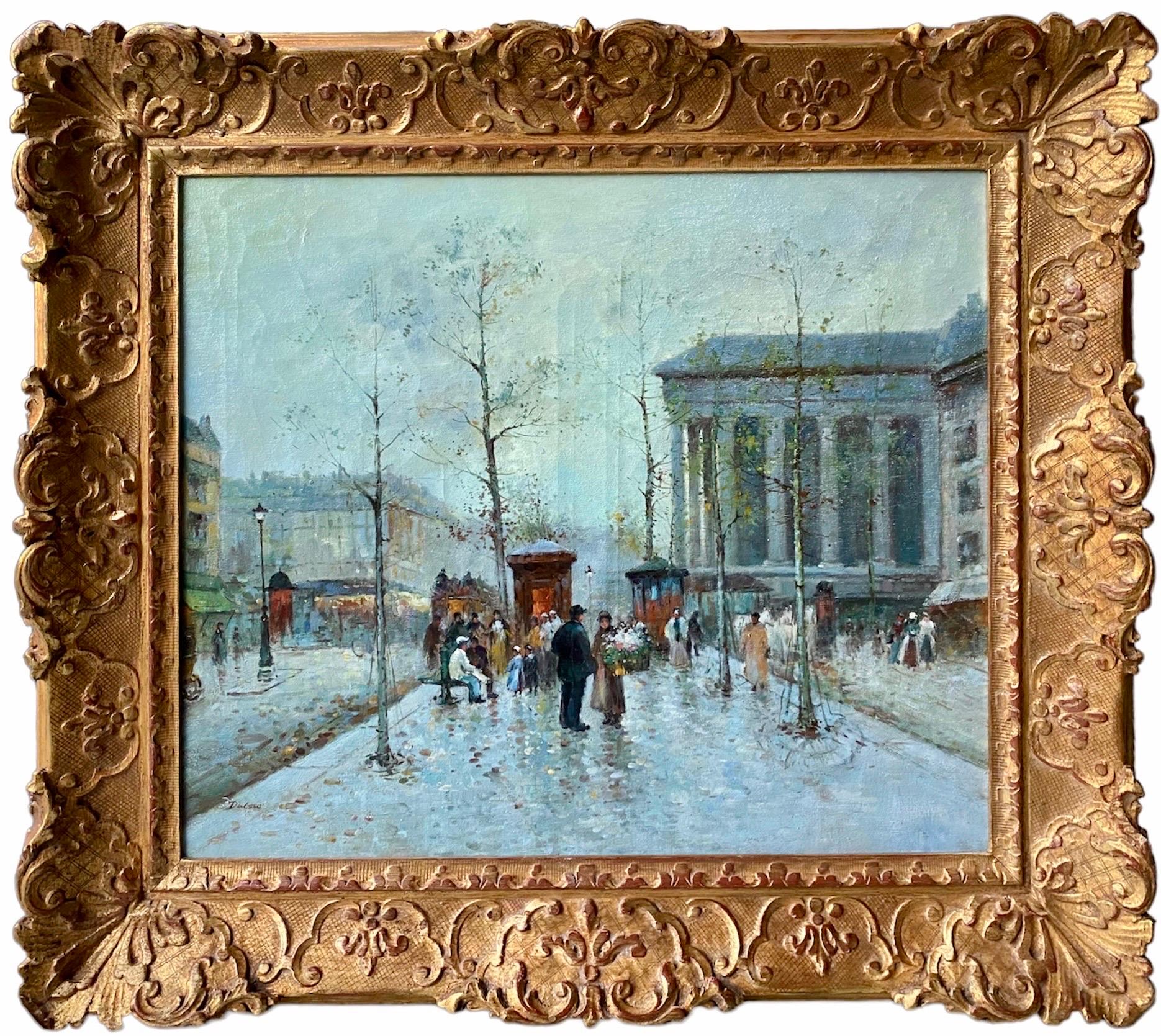 Unknown Figurative Painting - Large 19th century style French impressionist cityscape - Flower market Paris