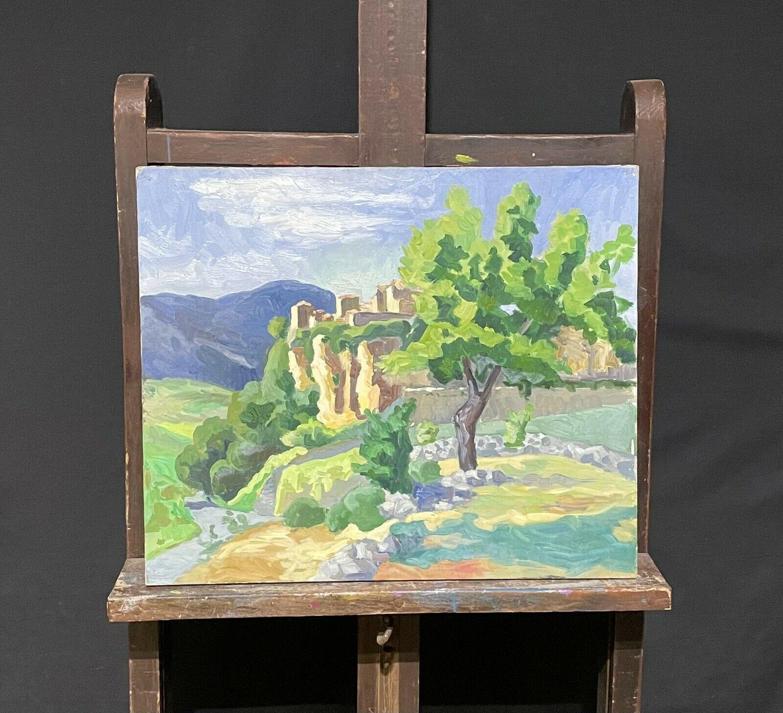 LARGE 20TH CENTURY FRENCH IMPRESSIONIST PROVENCE CHATEAU ON ROCKS LANDSCAPE - Painting by Unknown