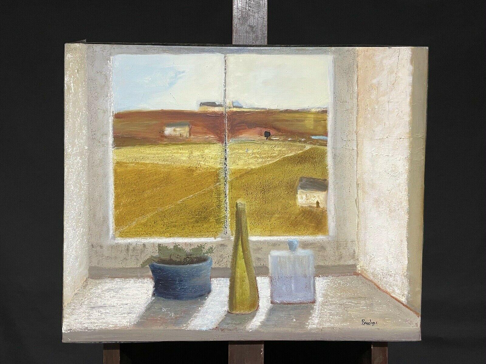 LARGE 20TH CENTURY FRENCH MODERNIST SIGNED OIL - INTERIOR ROOM WINDOW SILL VIEW - Painting by Unknown