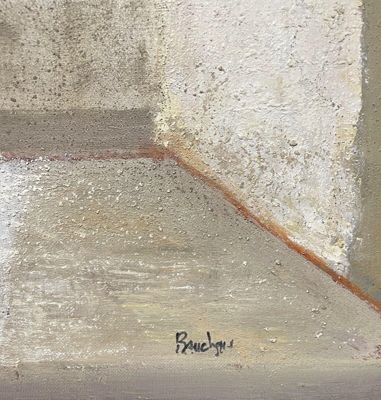 LARGE 20TH CENTURY FRENCH MODERNIST SIGNED OIL - INTERIOR ROOM WINDOW SILL VIEW - Beige Interior Painting by Unknown