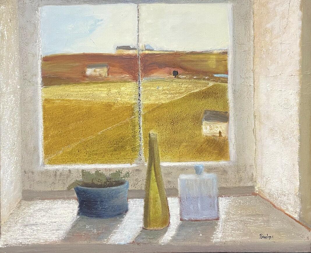 Unknown Interior Painting - LARGE 20TH CENTURY FRENCH MODERNIST SIGNED OIL - INTERIOR ROOM WINDOW SILL VIEW