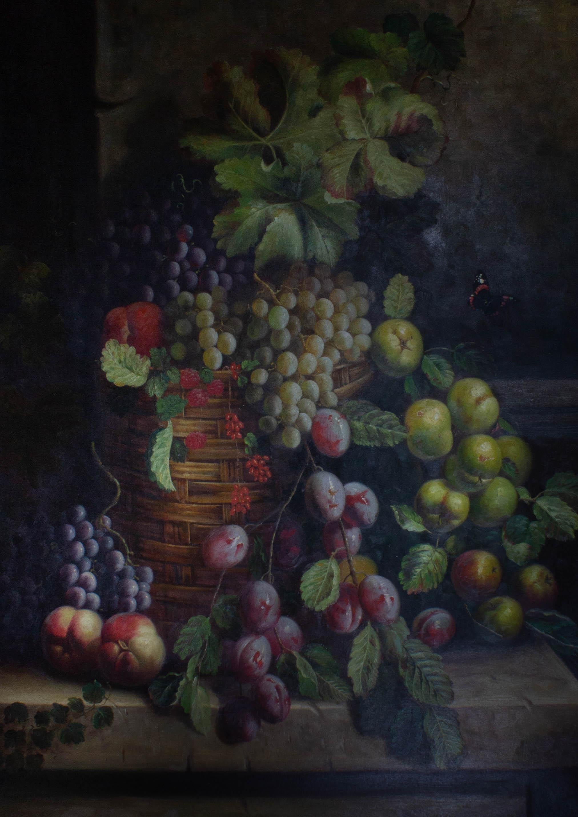 Large 20th Century Oil - Basket of Fruit - Black Still-Life Painting by Unknown