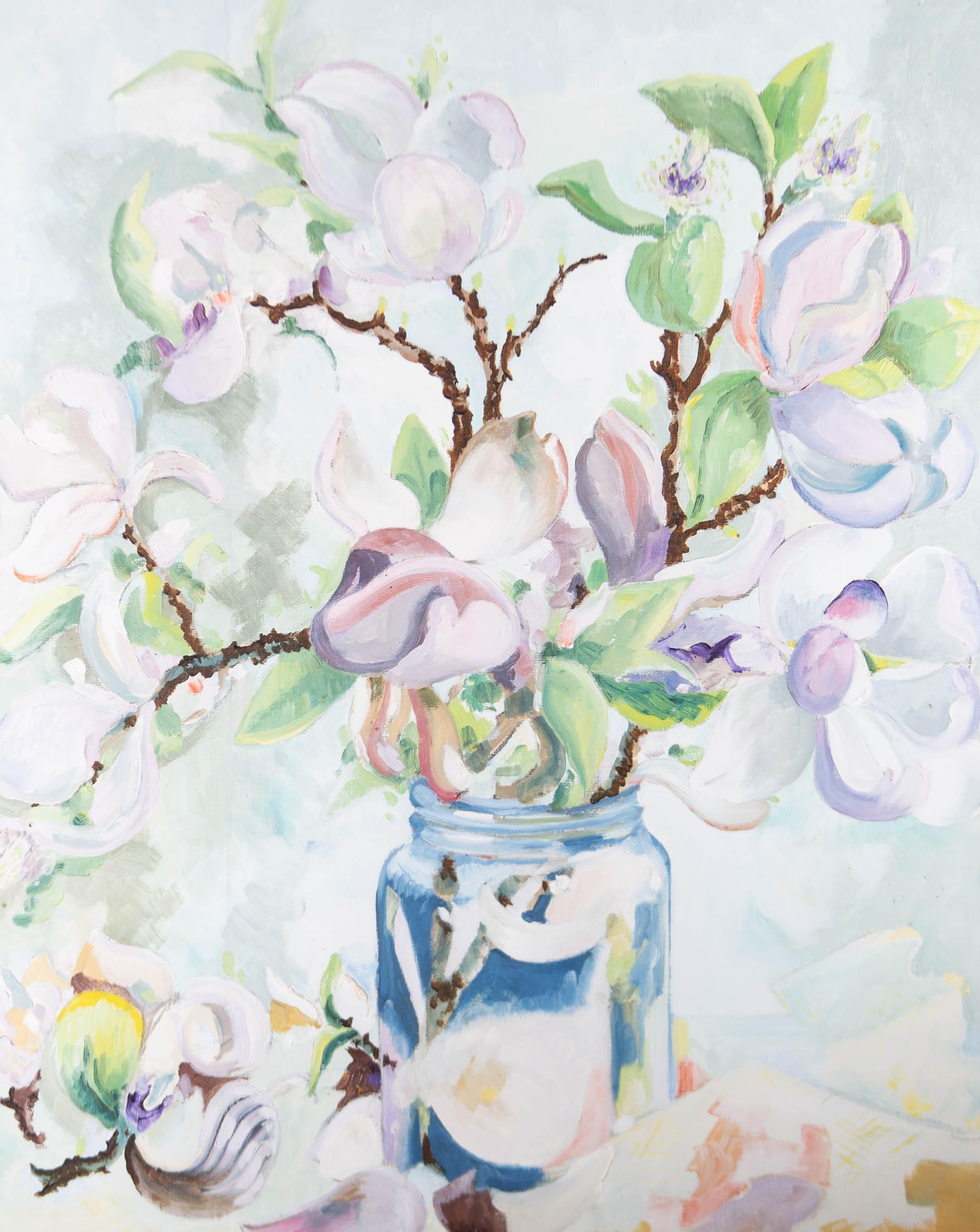 Grande huile du XXe siècle - Magnolia Splendens - Gris Still-Life Painting par Unknown