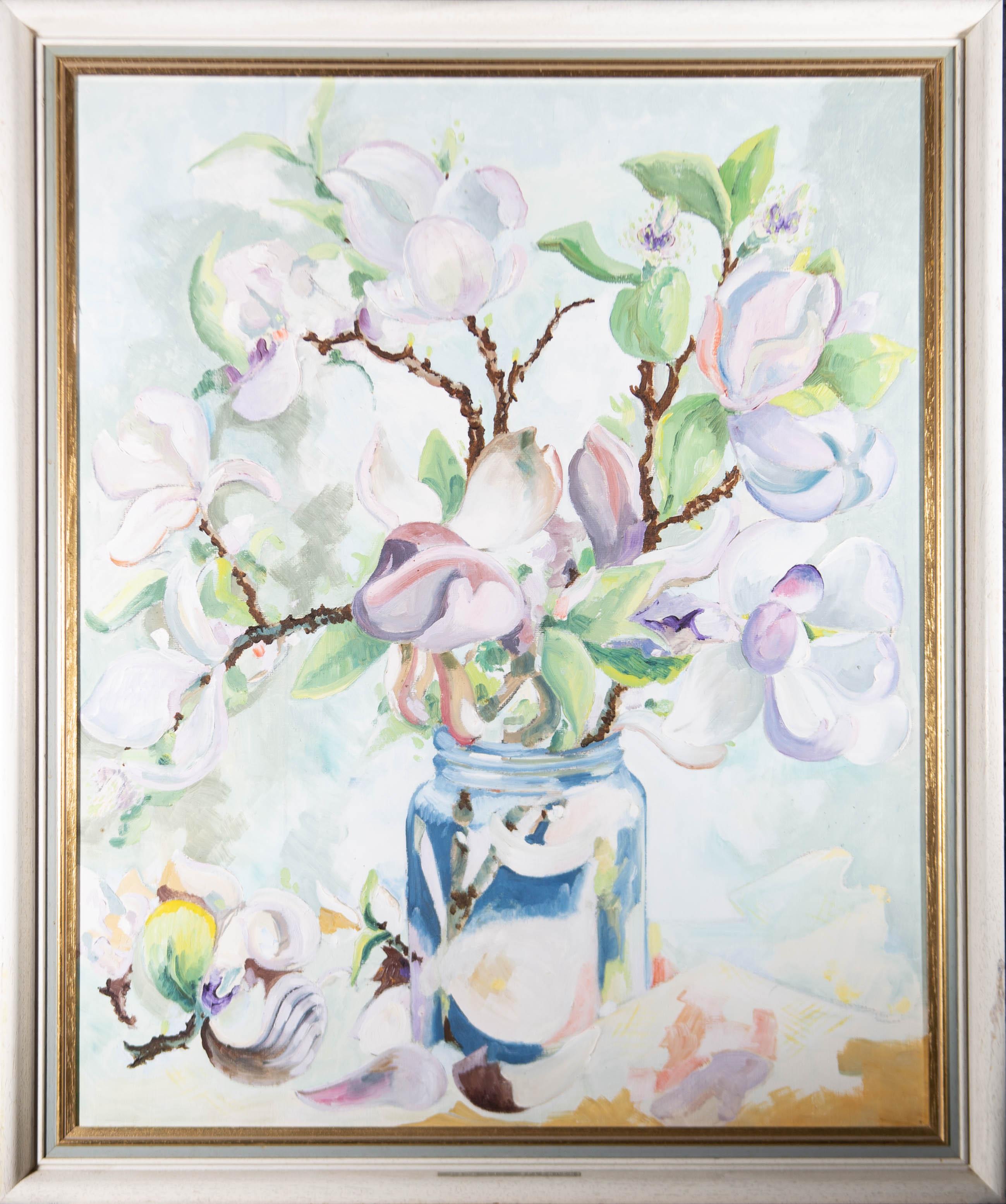 Still-Life Painting Unknown - Grande huile du XXe siècle - Magnolia Splendens
