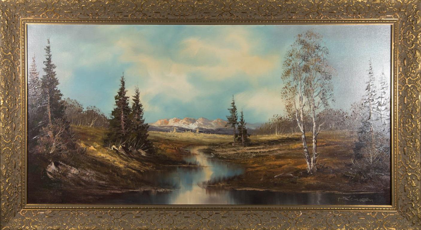 Unknown Landscape Painting - Large 20th Century Oil - Mountain Landscape with River
