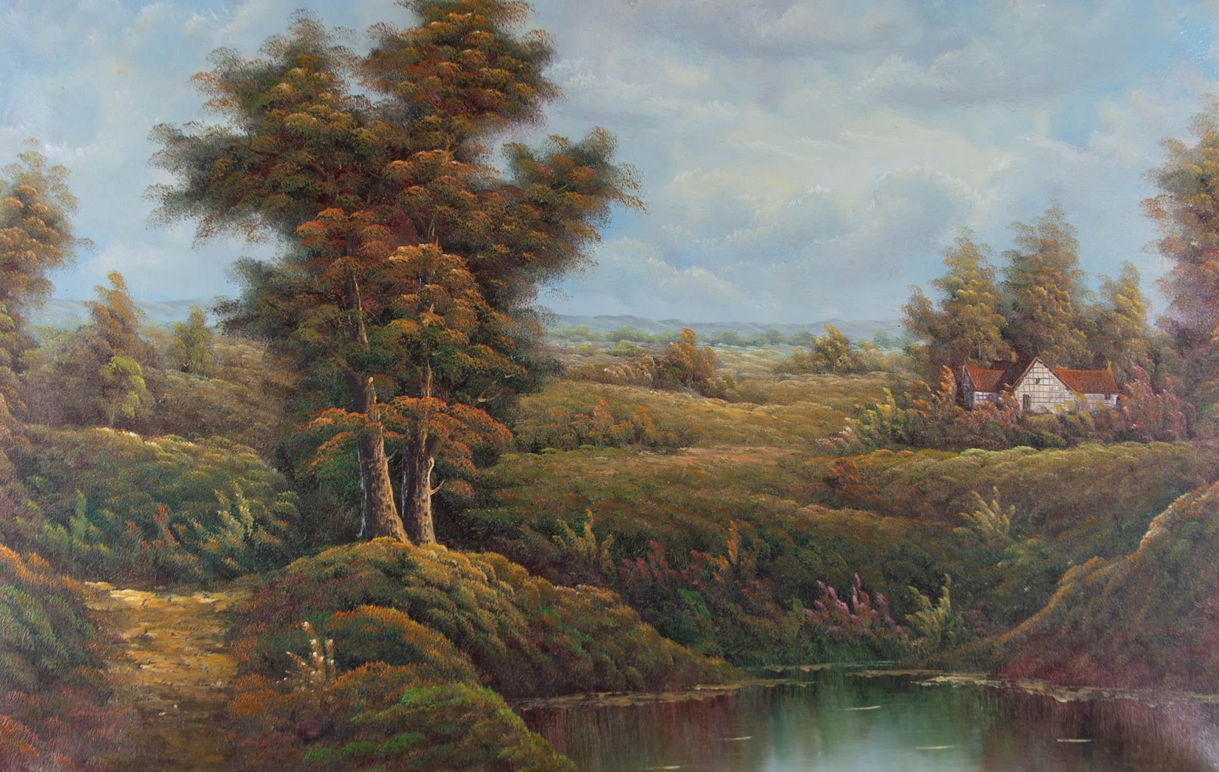Large 20th Century Oil - Rustic Landscape - Painting by Unknown
