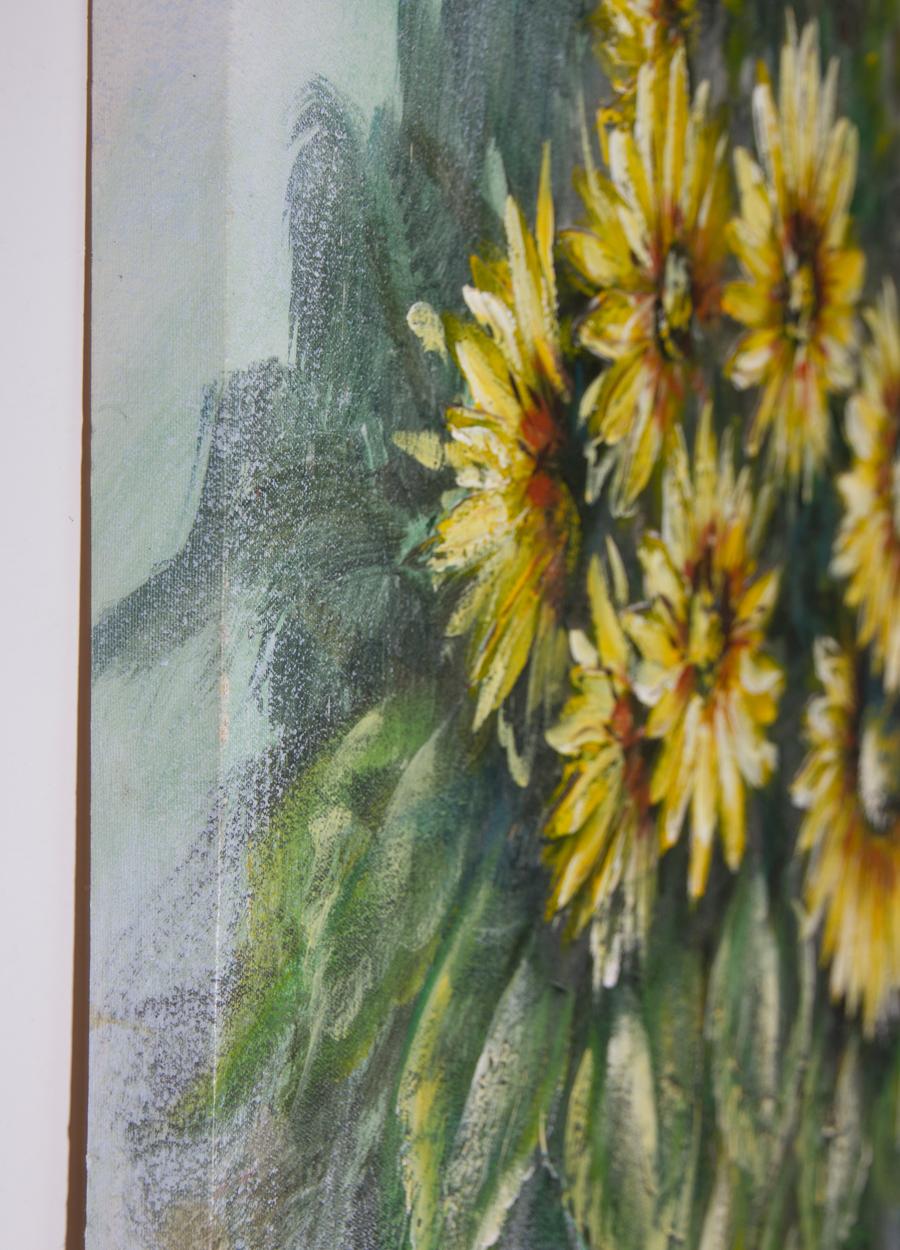A delightful study of sunflowers with expressive brushwork and areas of thick impasto. Unsigned. On canvas on stretchers.
