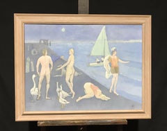 LARGE 20TH CENTURY SURREALIST OIL MALE & FEMALE WITH SWANS - SAILING BOATS