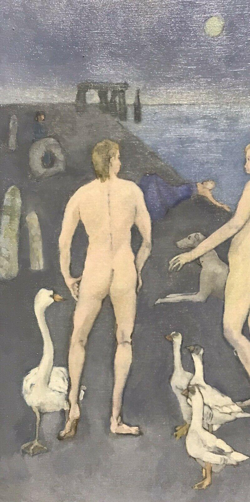 Artist/ School: French School, late 20th century, signed with monogram

Title: Surrealist coastal landscape with nude male and female figures, standing with swans.

Medium: oil painting, on board. 

Size:       frame: 29 x 37.5 inches
          