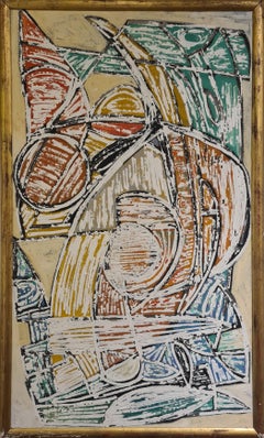Vintage Large Aboriginal-Inspired Abstract Oil on Board.