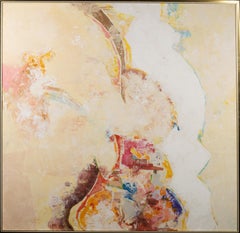 Gran pintura al óleo original expresionista abstracta en tonos neutros enmarcada