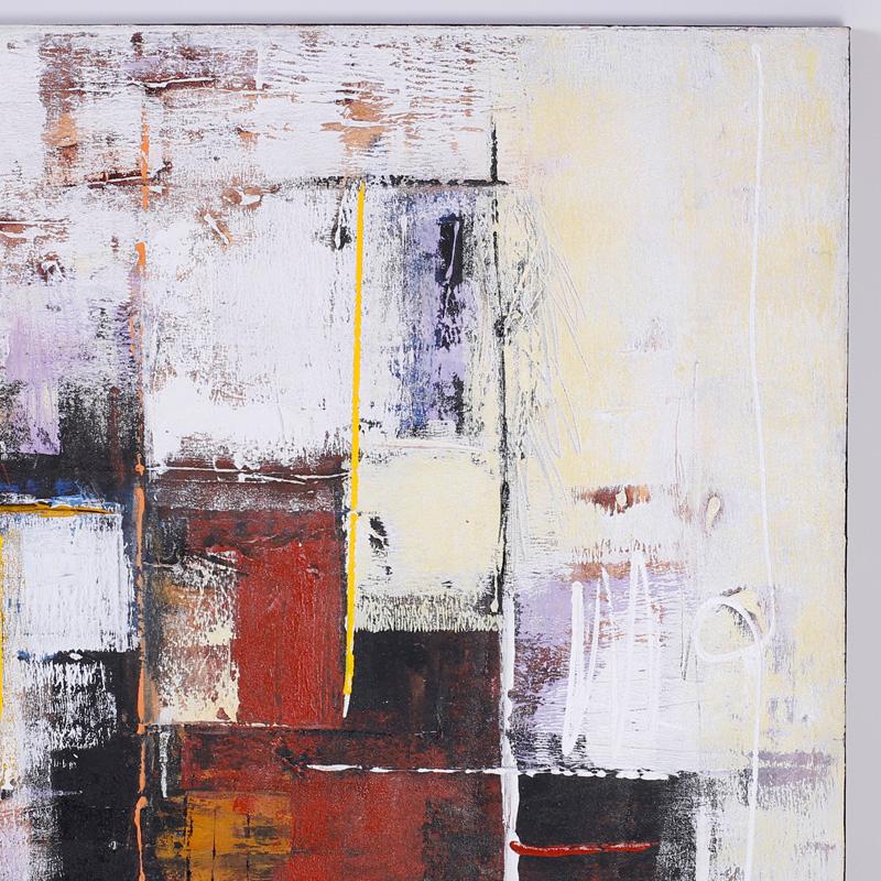 Midcentury abstract oil on canvas painted with skill and confidence with overlapping, disciplined geometric forms with free form lines executed with a complex palette of dark and bright colors.