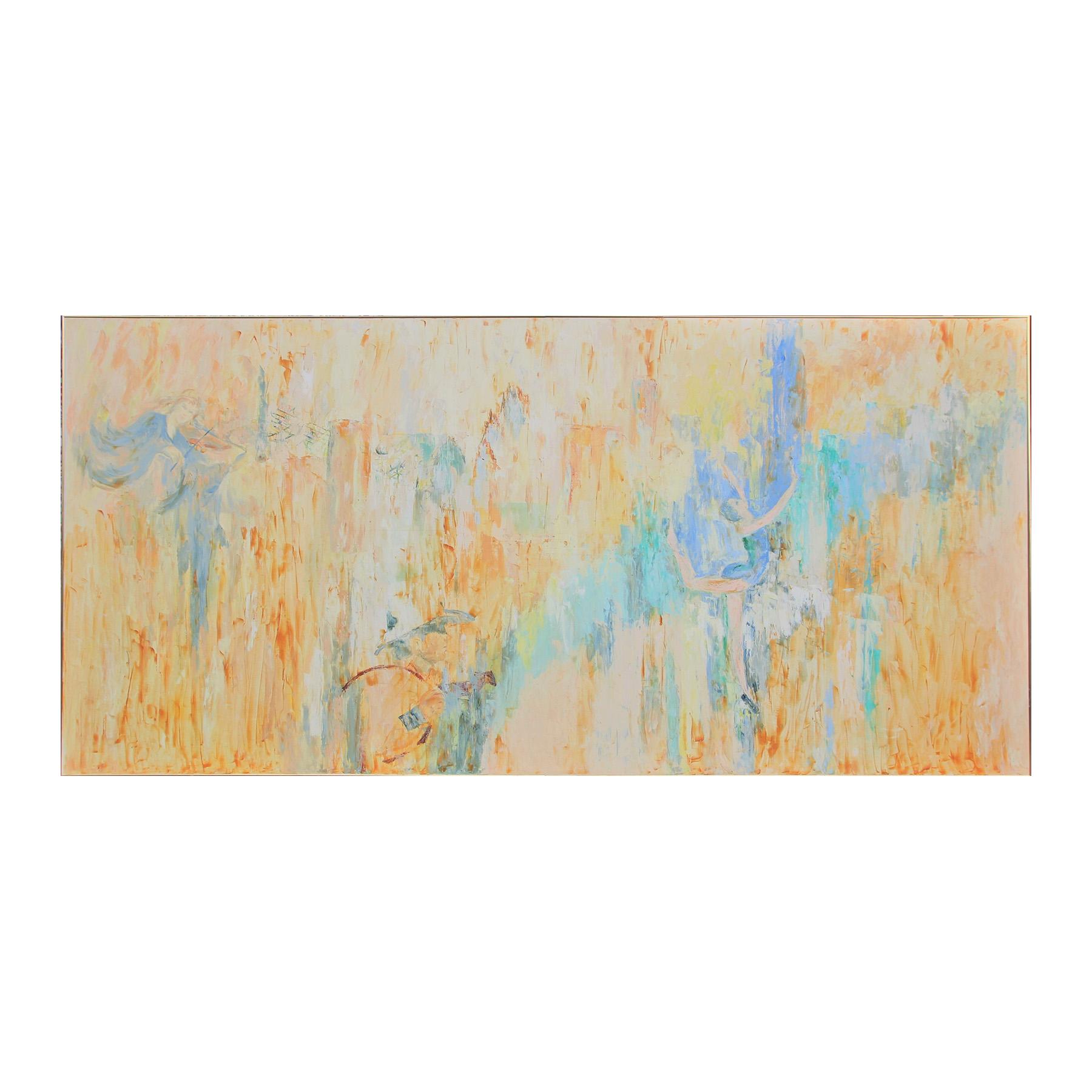 Large Abstract Yellow and Blue Toned Texas Themed Figurative Painting