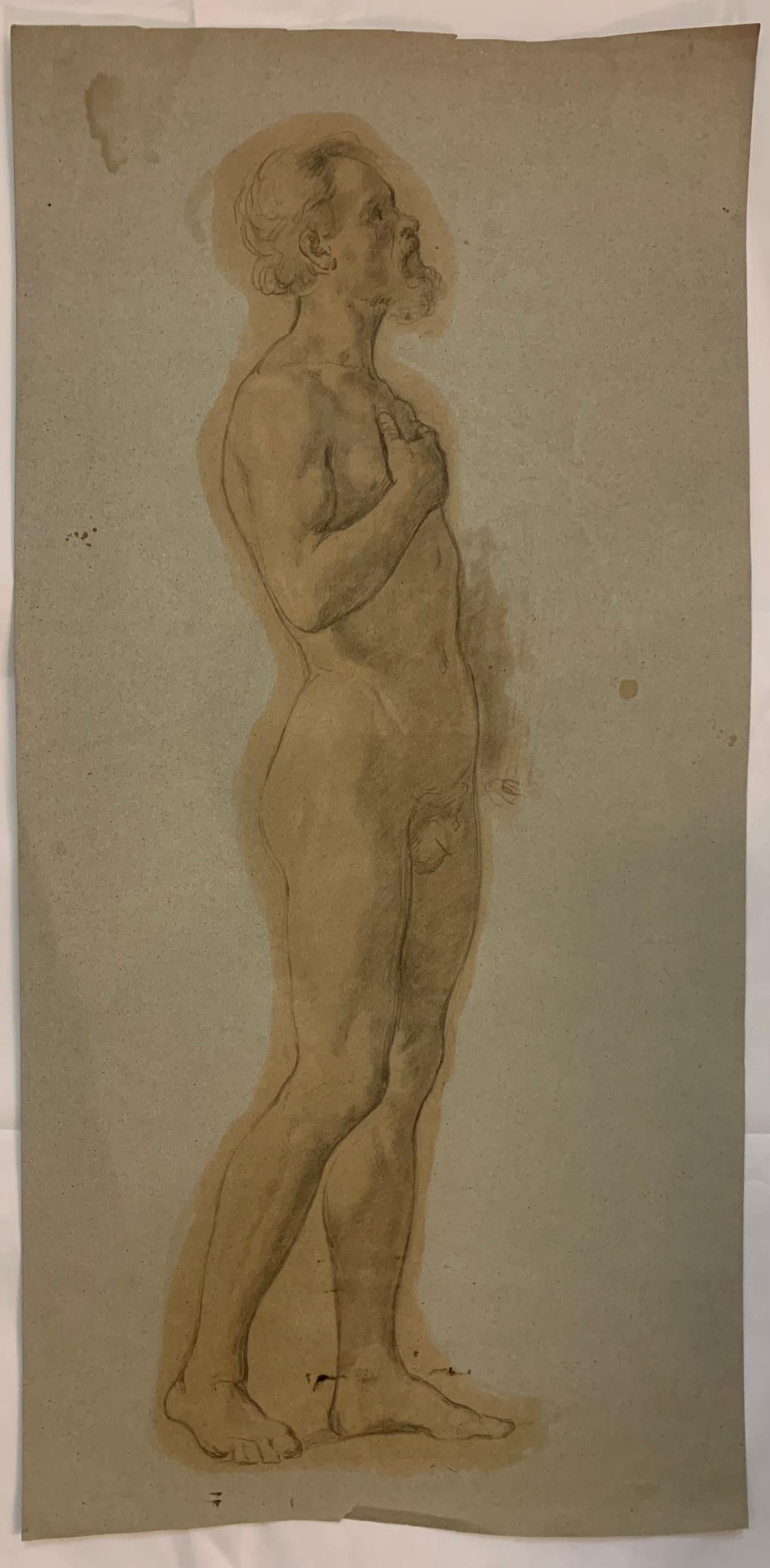 Large Academic Study Of The Nude: Handsome Man With A Beard. XIXcentury. - Painting by Unknown