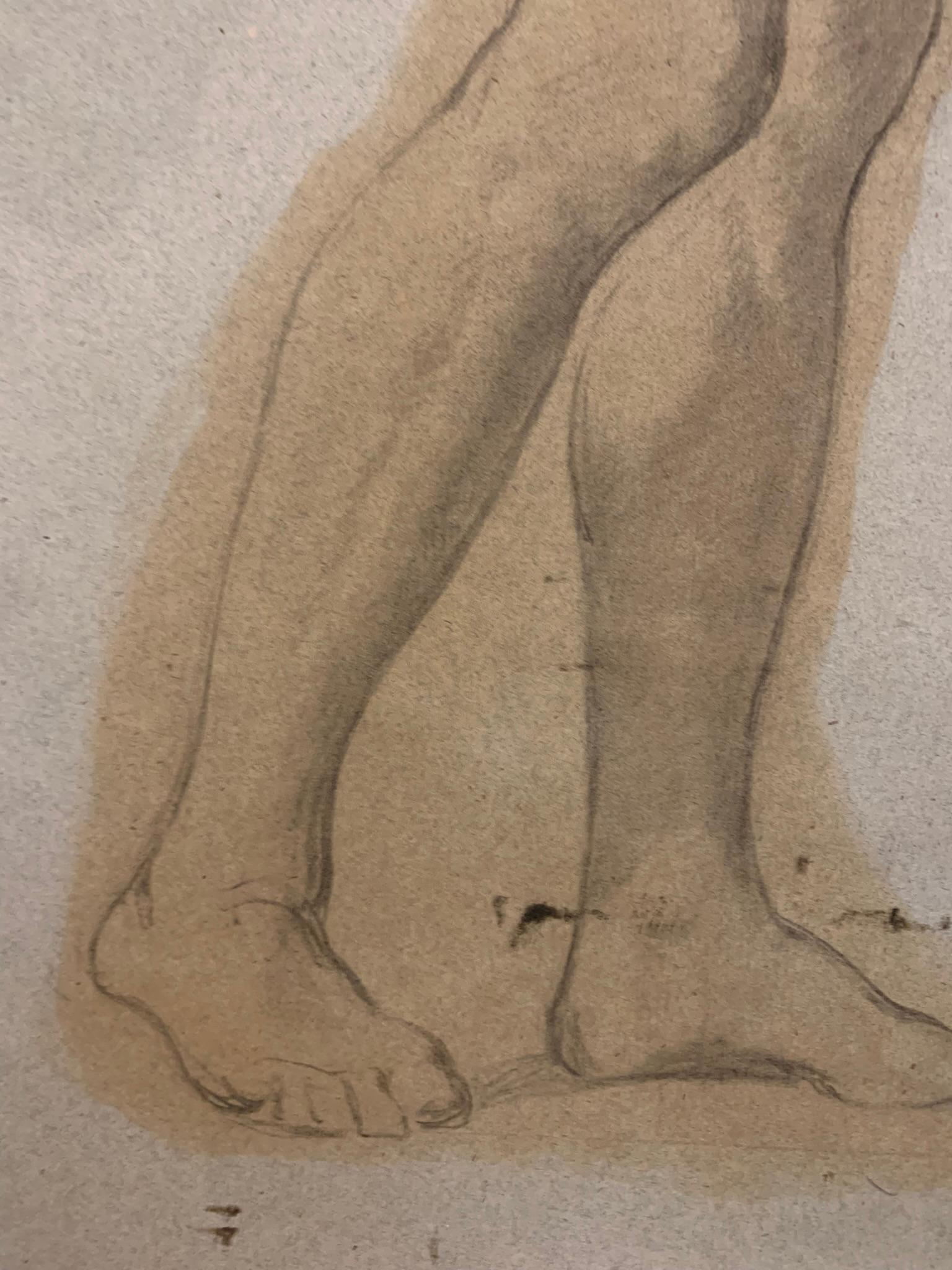 Academic study of the nude: handsome man with a beard.
Nineteenth century.
Mixed technique on paper: watercolor and charcoal on slightly gray colored paper.
A standing man is represented, in profile.
Small charcoal spots on the ankles/feet.
Coming