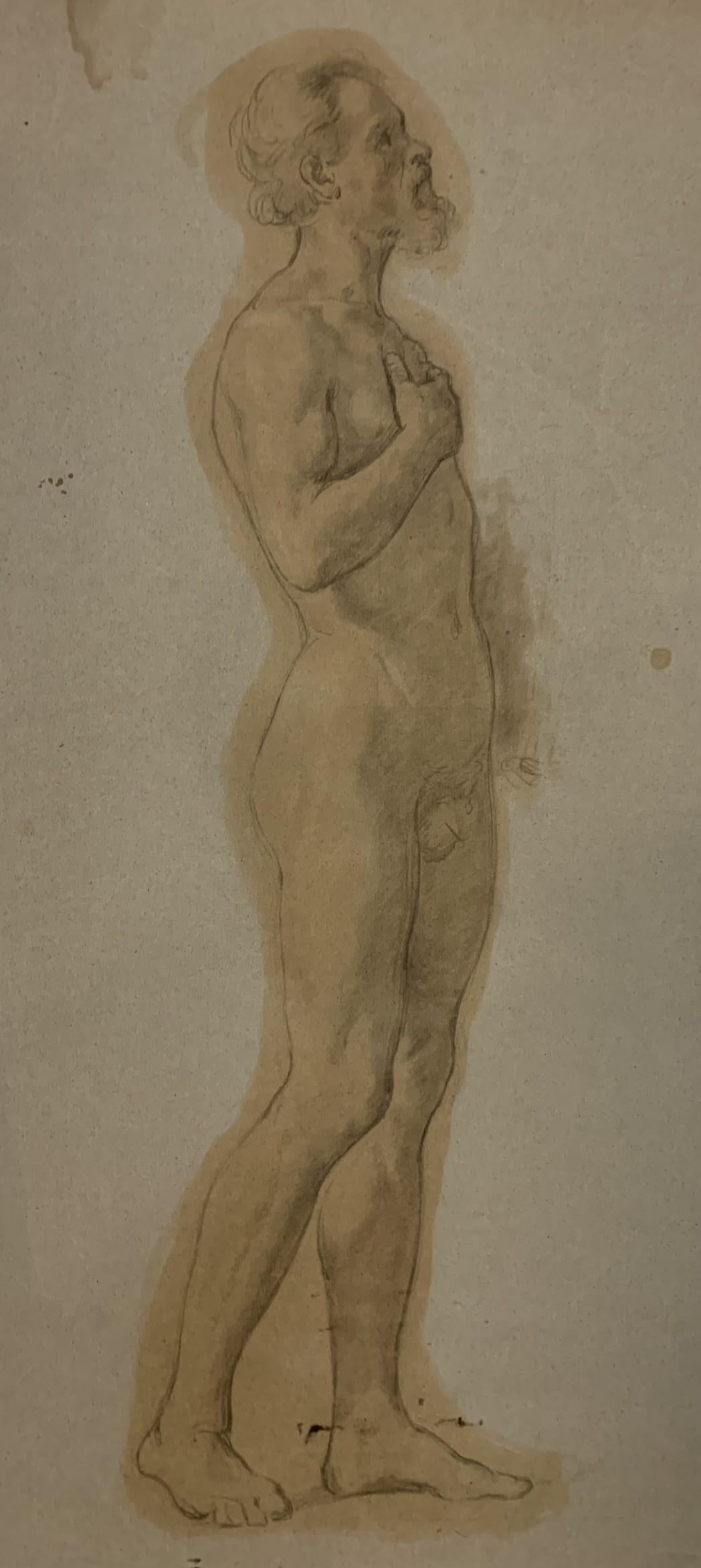 Unknown Nude Painting - Large Academic Study Of The Nude: Handsome Man With A Beard. XIXcentury.