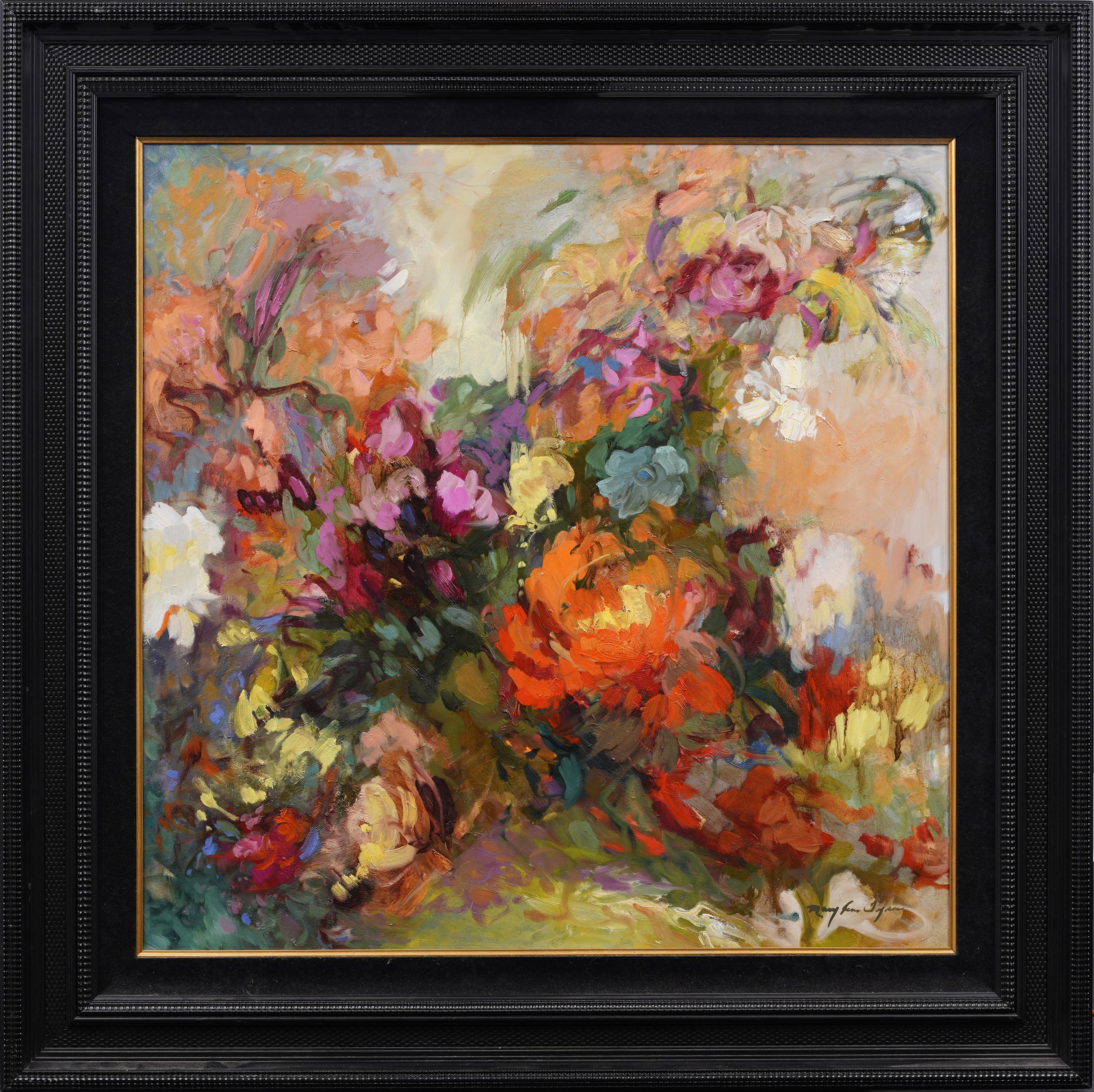 Grande quadro impressionista americano astratto con cornice, natura morta moderna con fiori - Painting di Unknown