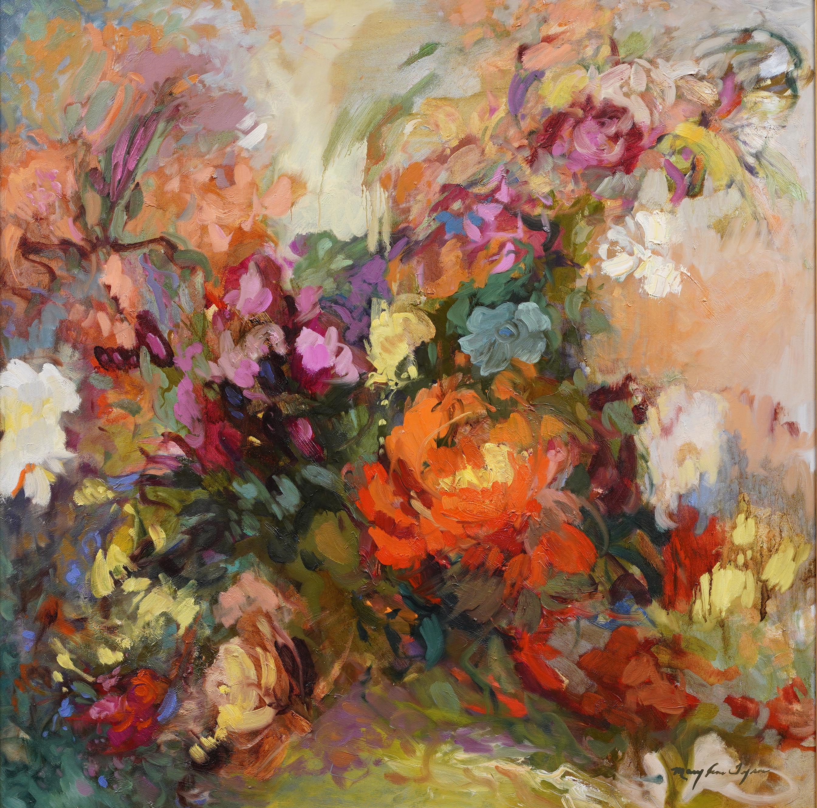 Grande quadro impressionista americano astratto con cornice, natura morta moderna con fiori - Painting Astratto di Unknown