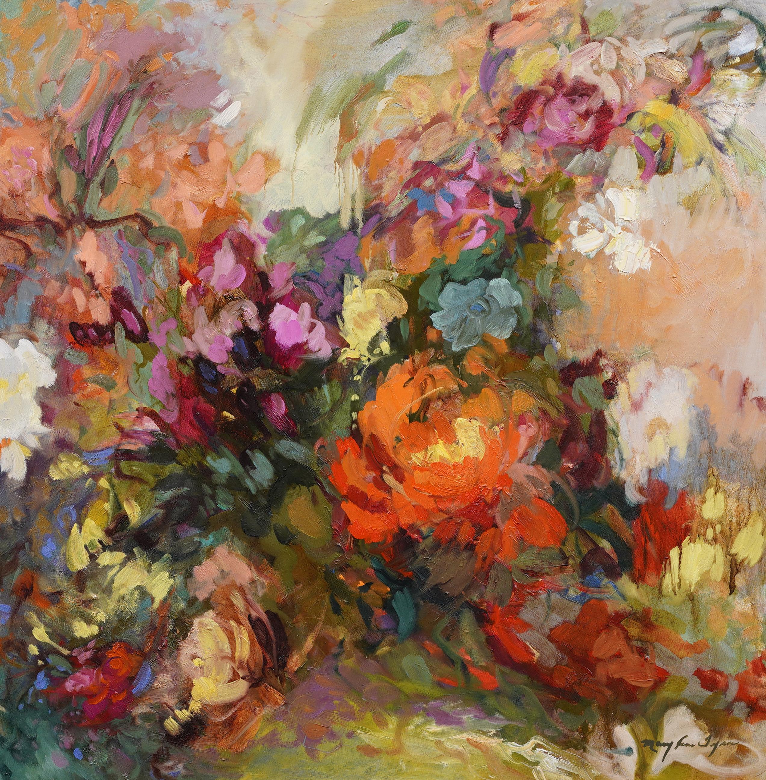 Grande quadro impressionista americano astratto con cornice, natura morta moderna con fiori - Abstract Painting Nero di Unknown