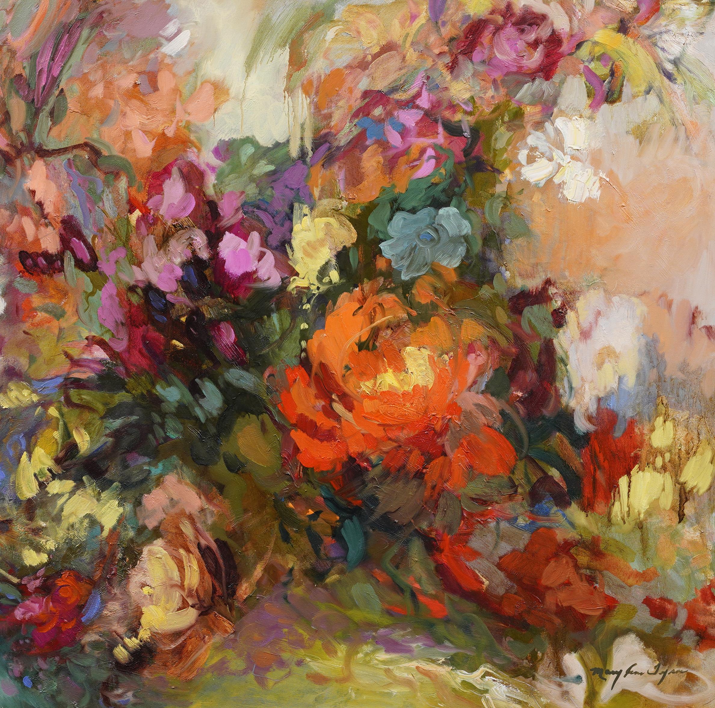 Impressionante dipinto di natura morta floreale di scuola americana modernista di grandi dimensioni.  Olio su tela.  Splendidamente incorniciato.  Firmato in modo illeggibile.  Impasto e colore molto belli.  