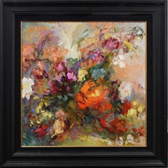 Grande peinture impressionniste américaine abstraite, encadrée, nature morte moderne avec fleurs