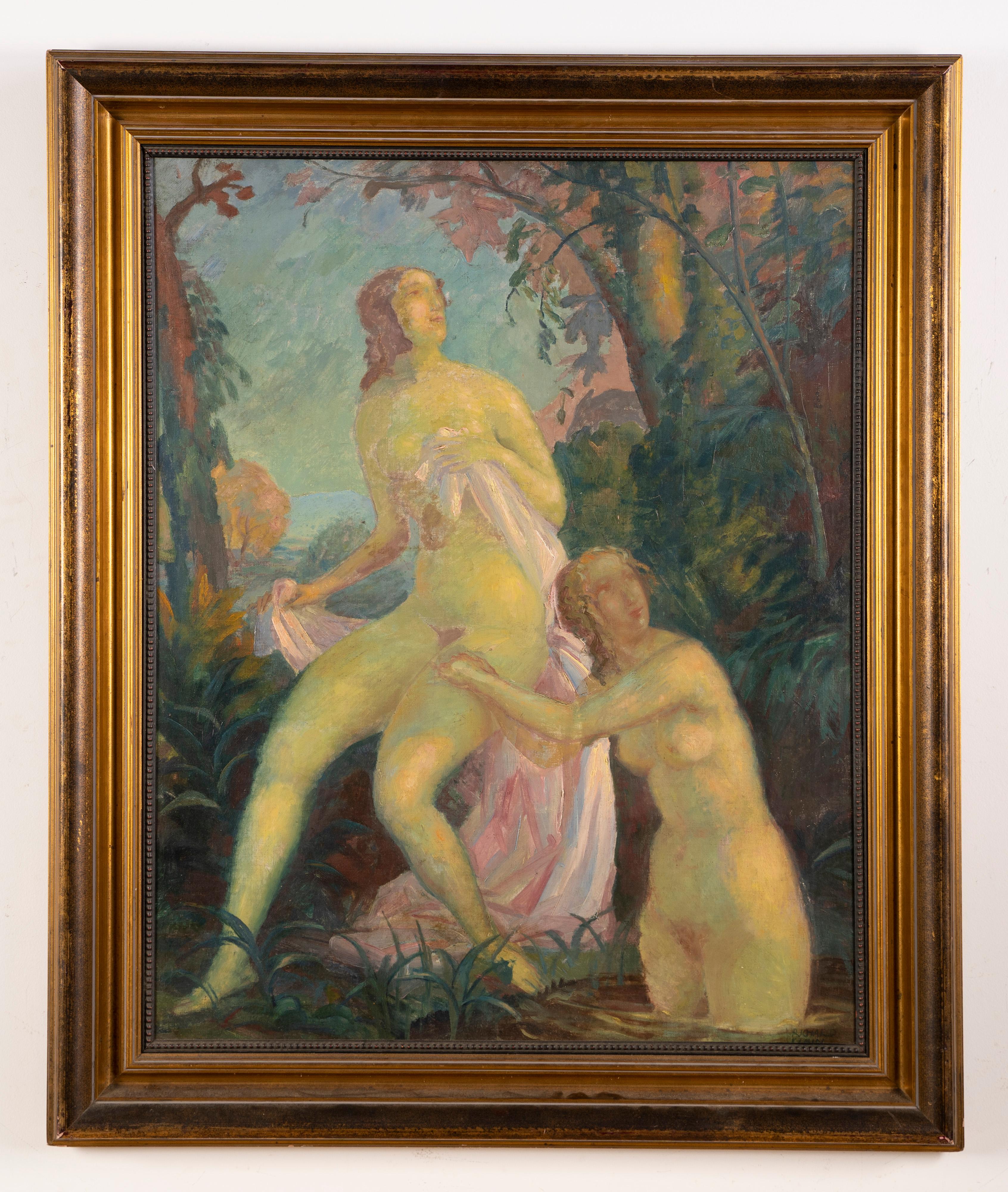 Großes signiertes amerikanisches impressionistisches Frauen badendes Aktporträt, Ölgemälde  – Painting von Unknown