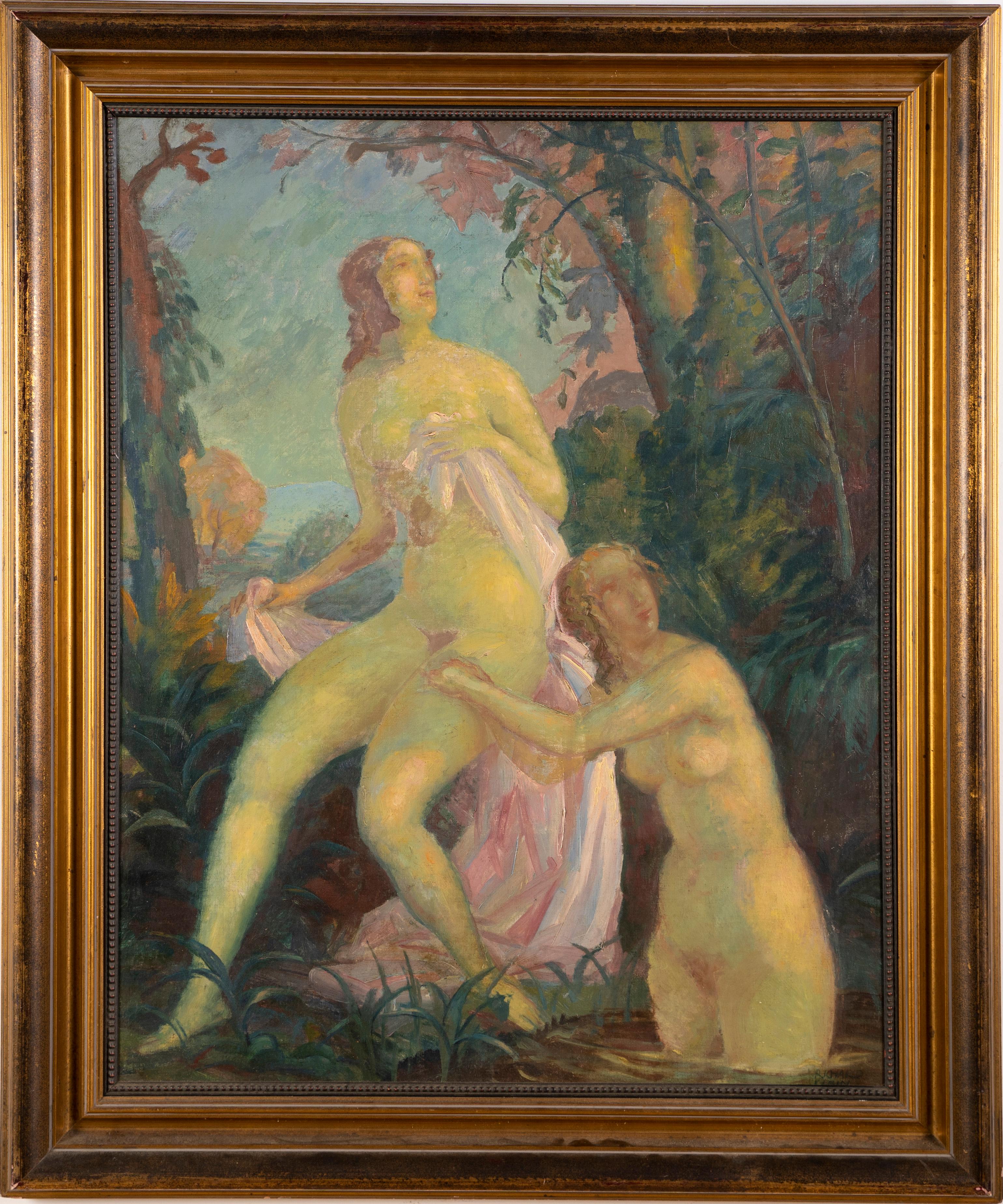 Großes signiertes amerikanisches impressionistisches Frauen badendes Aktporträt, Ölgemälde  (Impressionismus), Painting, von Unknown