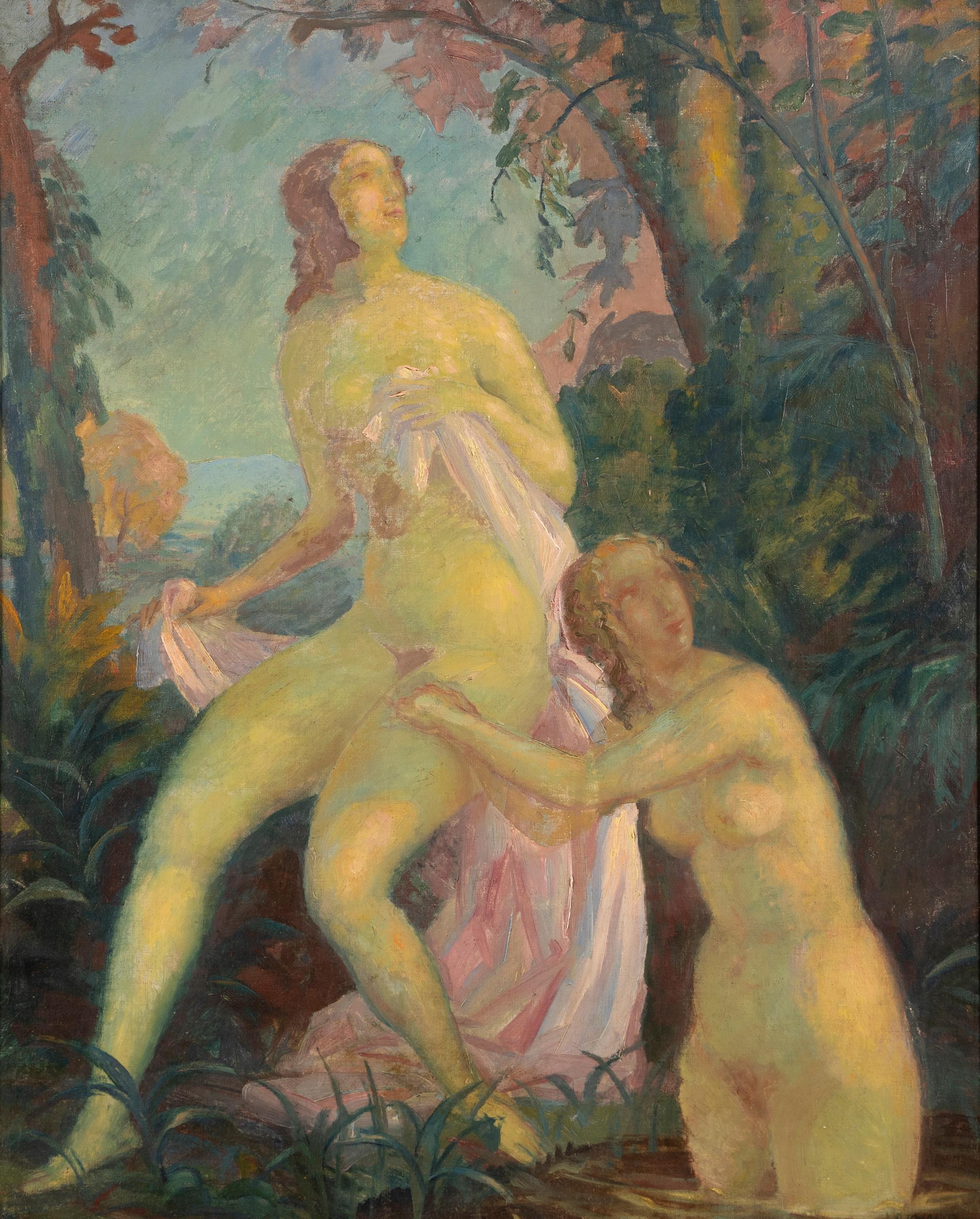 Großes signiertes amerikanisches impressionistisches Frauen badendes Aktporträt, Ölgemälde  (Braun), Landscape Painting, von Unknown
