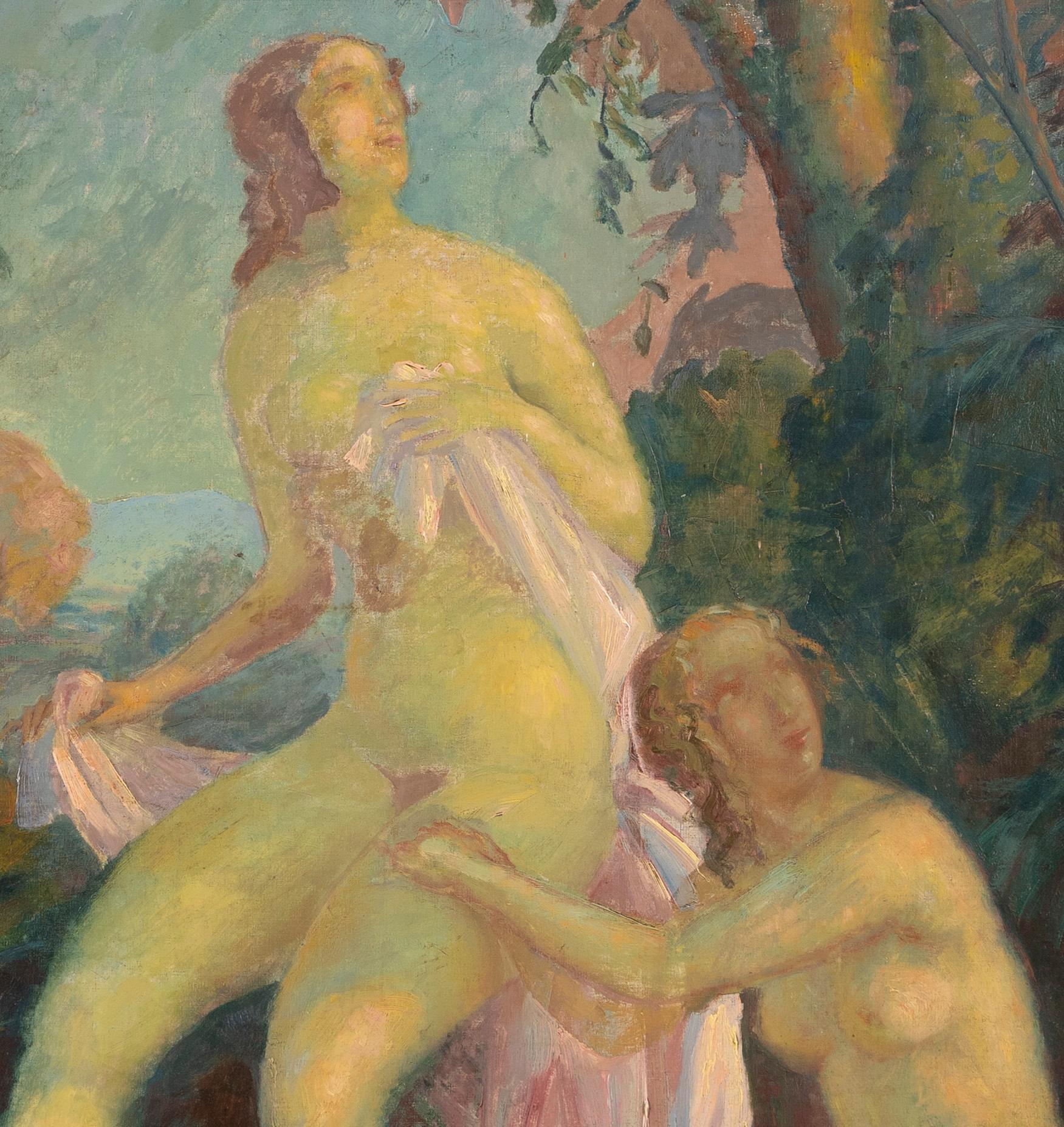 Antikes amerikanisches impressionistisches Gemälde von zwei nackten Badenden in einer Landschaft.  Öl auf Leinwand, um 1900.  Signiert unten rechts.  Bildgröße: 34L x 27H.  Untergebracht in einem Rahmen aus Gitlwood.