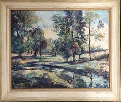 Vintage Large American Modernism Landscape / Riverscape Oil Painting