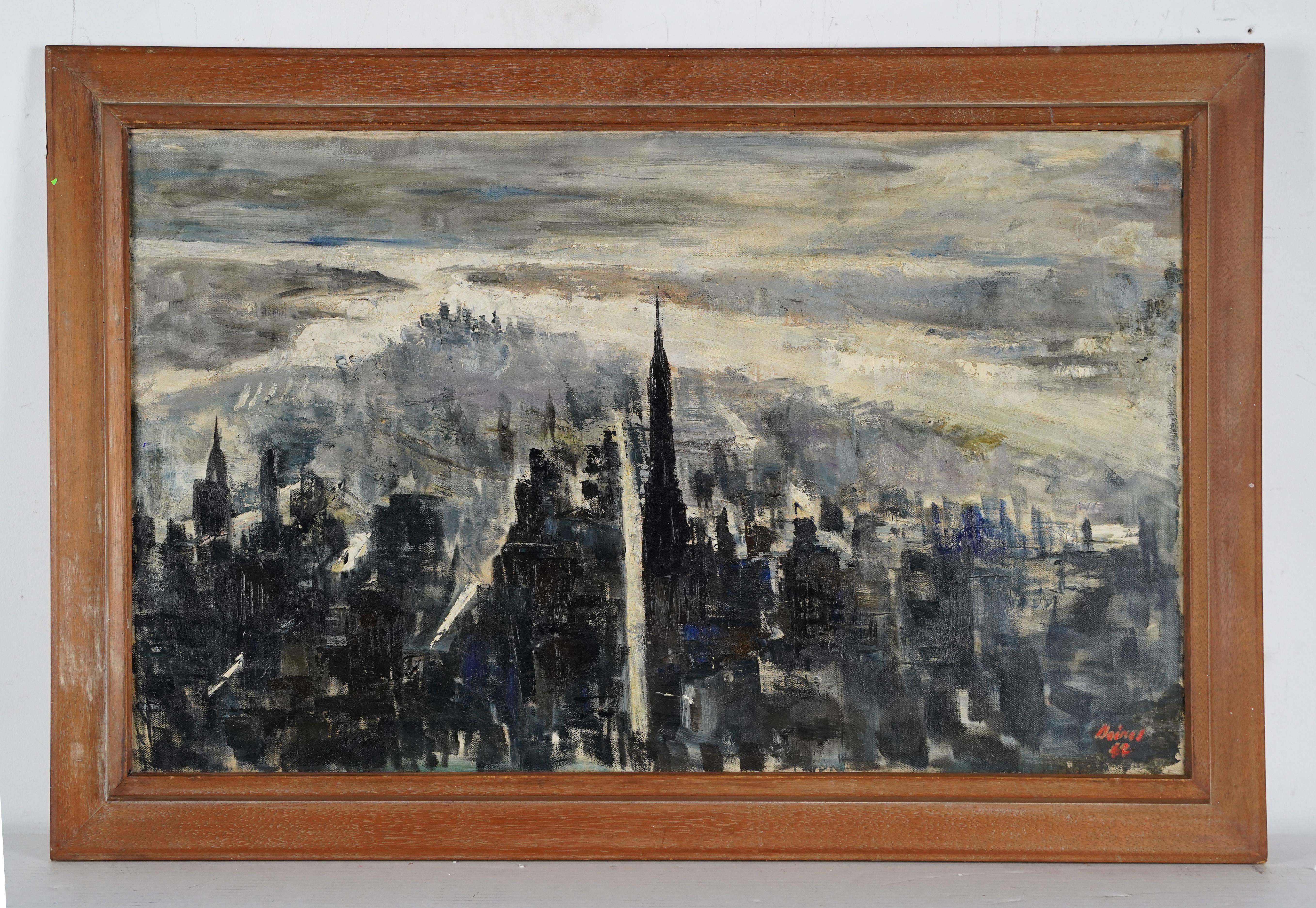 Antique American modernist painting of New York City.  Oil on canvas, circa 1947.  Signed.  Image size 34L x 20H.  Housed in a period modern frame.