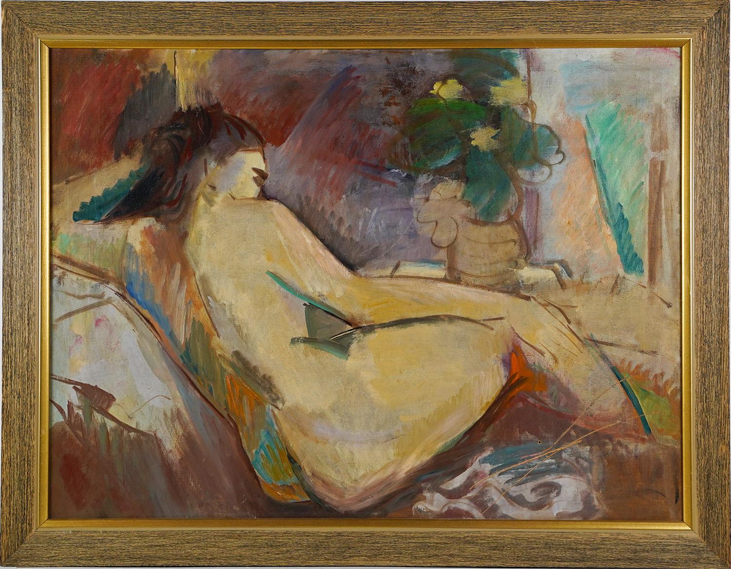 Large American School Modernist Nude Woman Fauvist Modern Portrait Oil Painting - Brown Nude Painting by Unknown