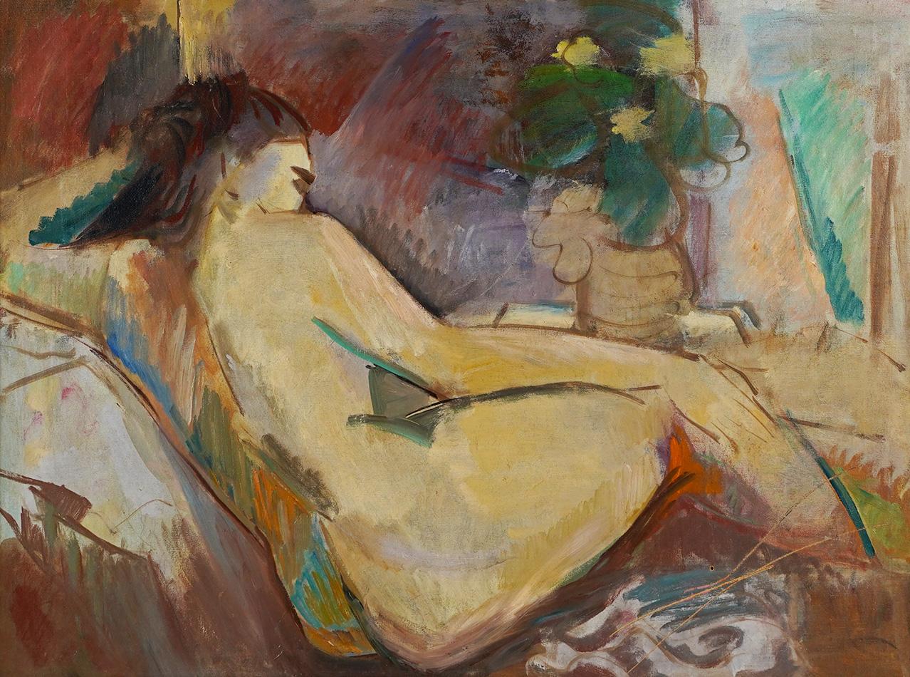 Grande peinture à l'huile de portrait moderniste d'une femme nue de l'école américaine, style fauviste et moderne - Marron Nude Painting par Unknown