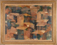 Large Antique Abstract Houses Landscape Signed Framed Original Oil Painting