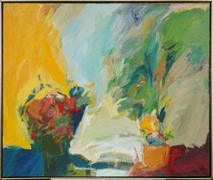 Grande pittura ad olio antica di natura morta floreale dell'Espressionismo astratto americano