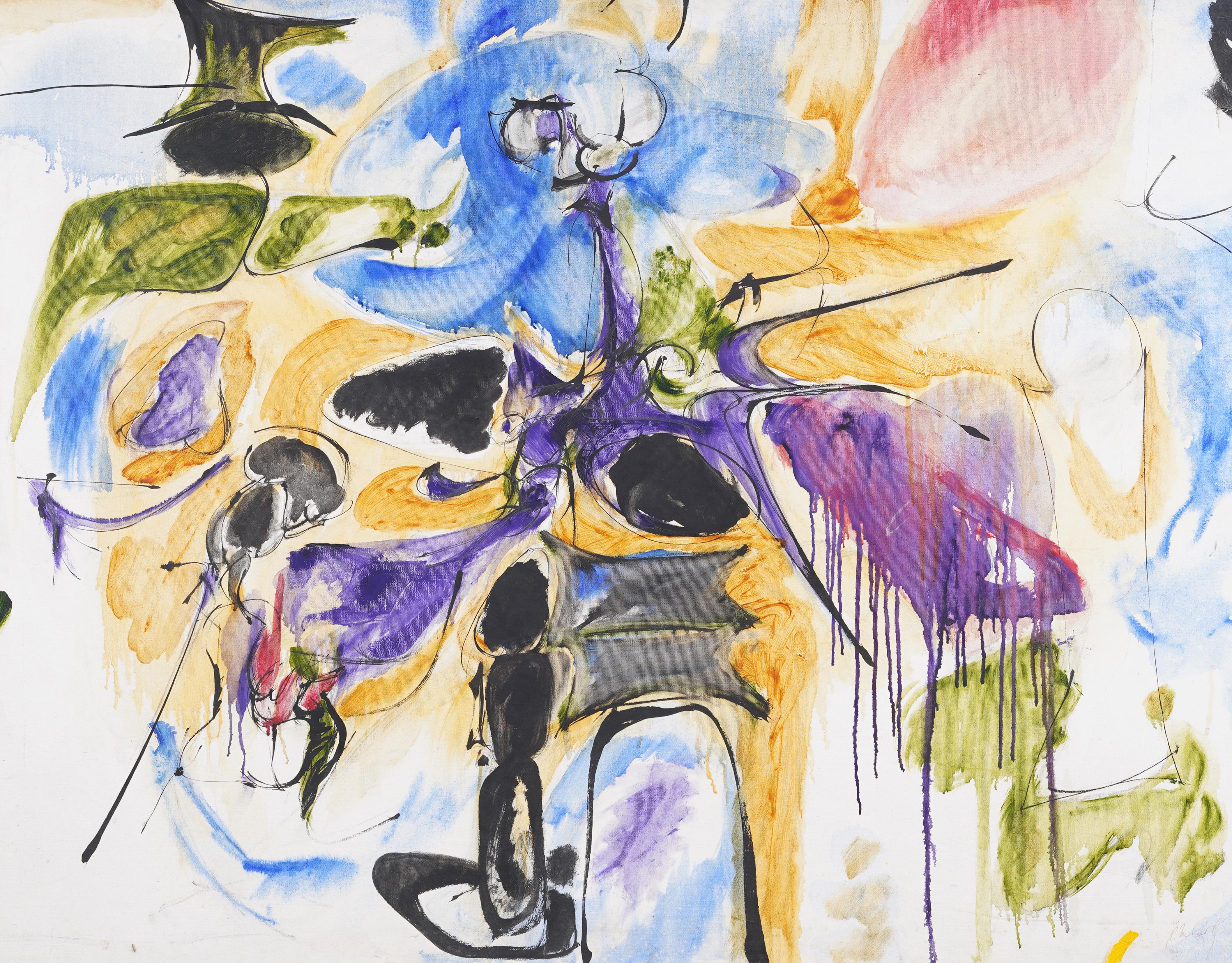 Grande pittura ad olio antica dell'Espressionismo Astratto Americano, firmata e incorniciata - Abstract Painting Grigio di Unknown