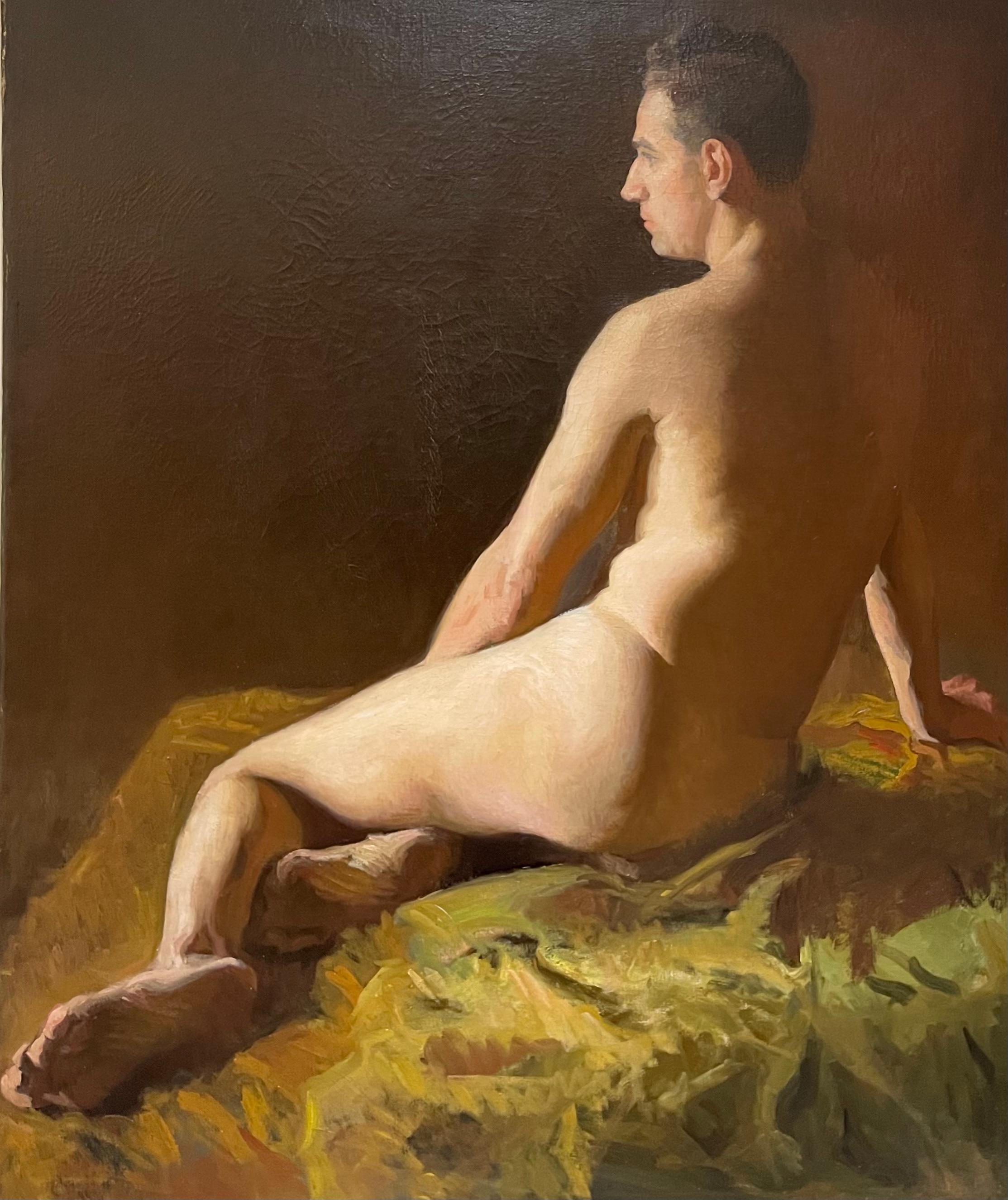 Grand nu masculin américain ancien et académique allongé avec tiroirs - Impressionnisme américain Painting par Unknown