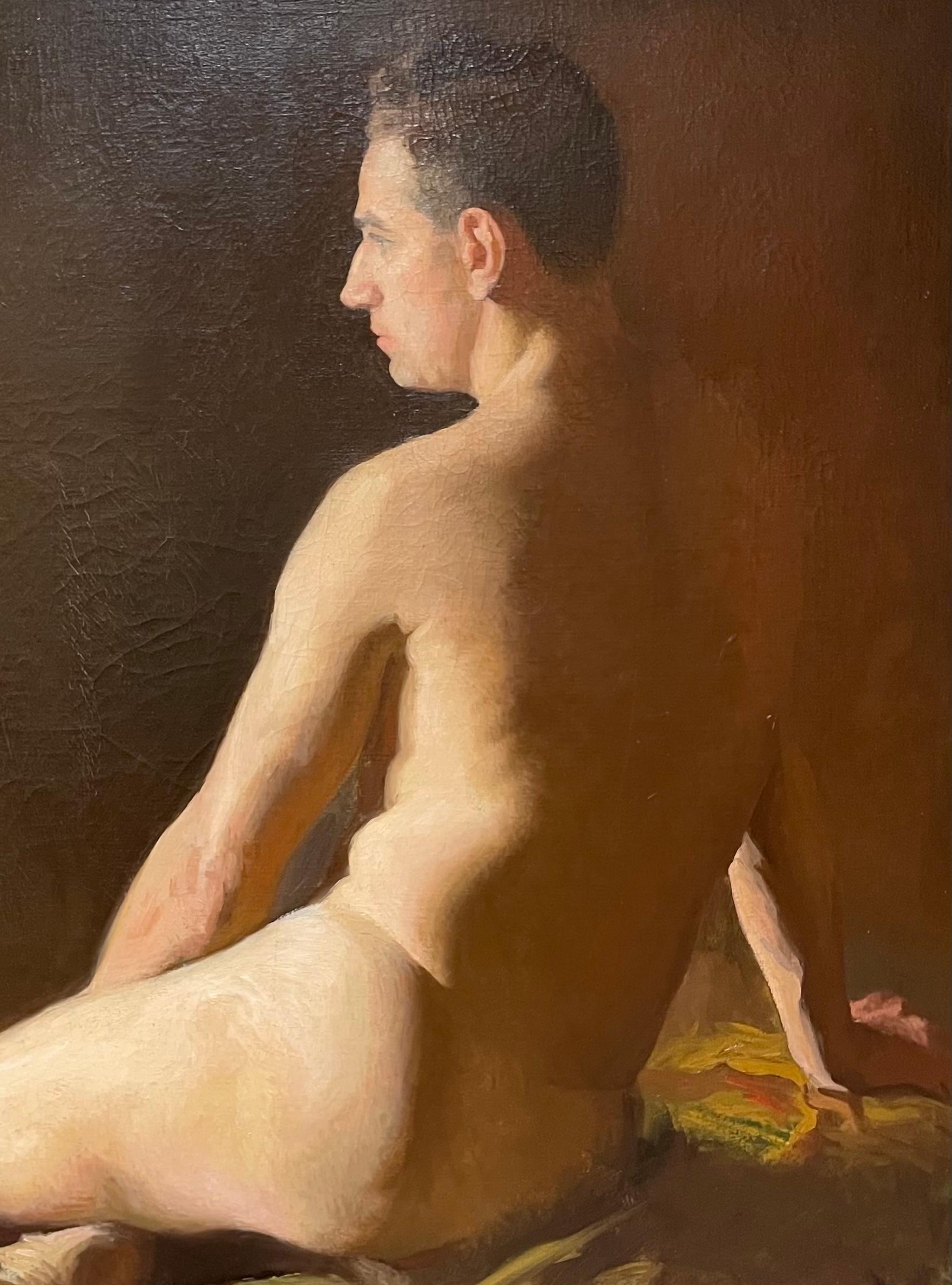 Grand nu masculin américain ancien et académique allongé avec tiroirs - Marron Nude Painting par Unknown