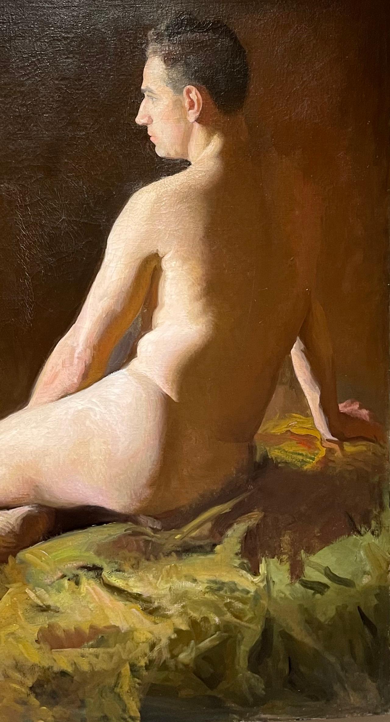 Large Antique American Academic Male Nude reclining with Draperies - Brown Nude Painting by Unknown