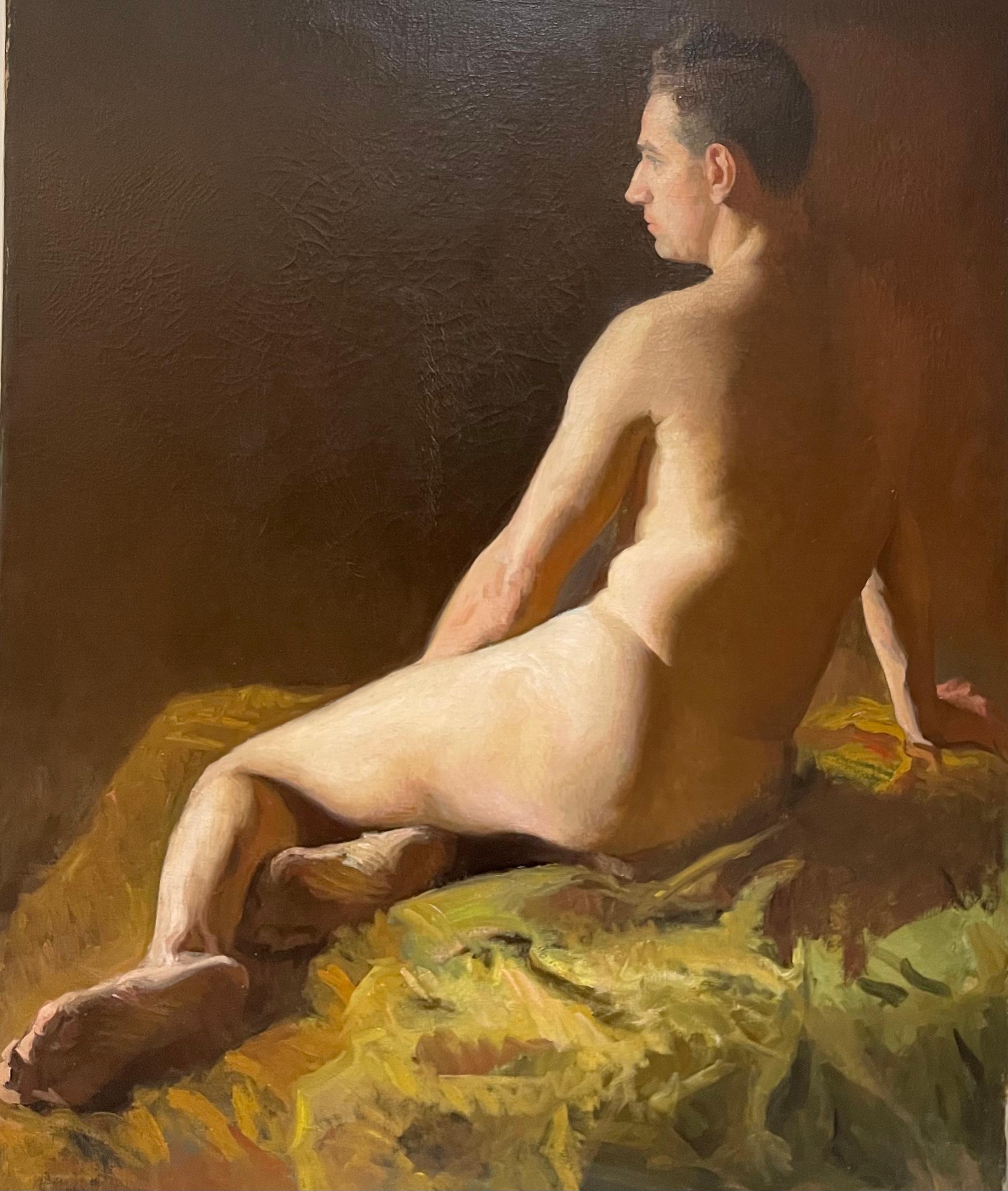Nude Painting Unknown - Grand nu masculin américain ancien et académique allongé avec tiroirs