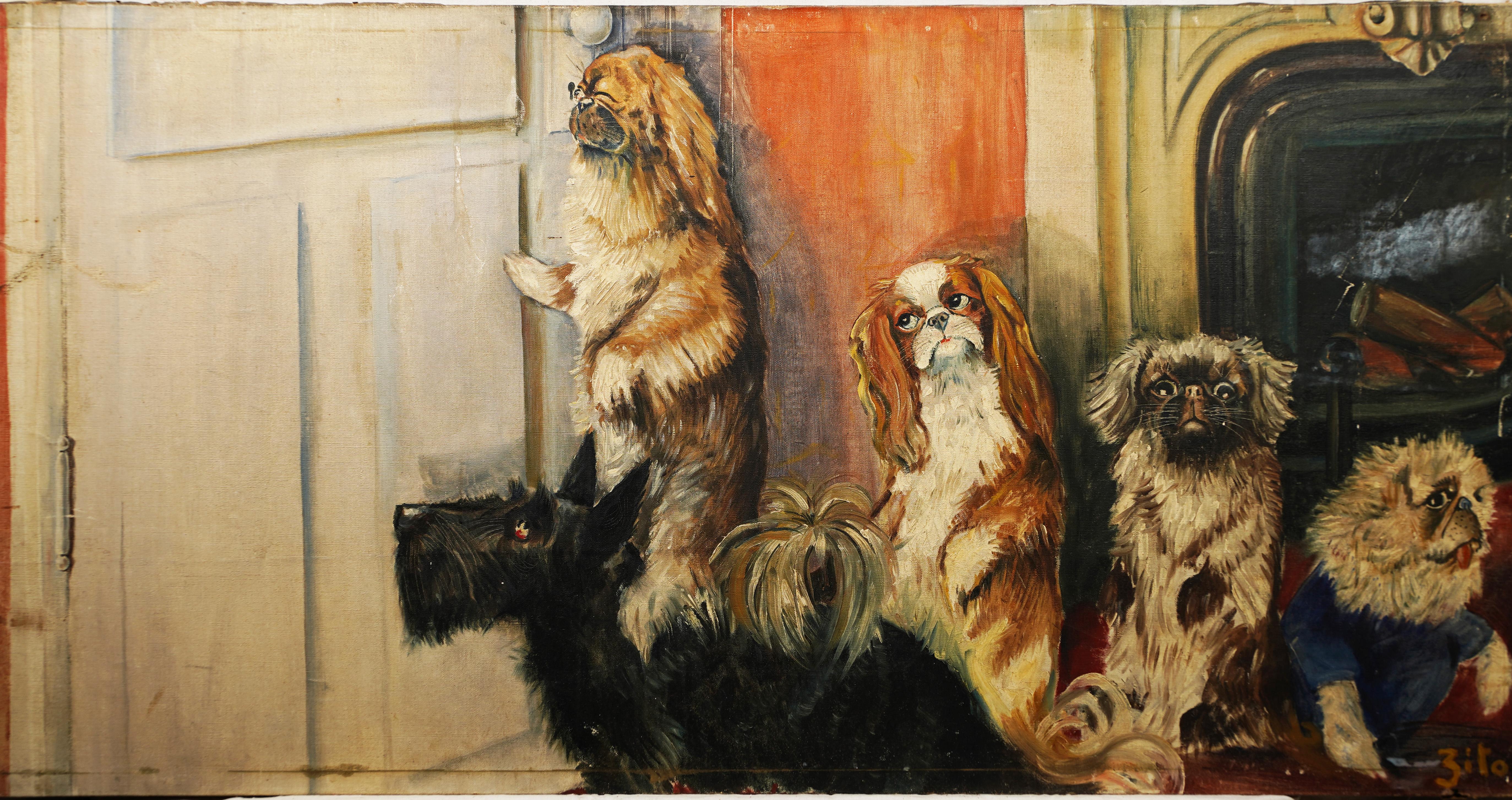 Grand portrait ancien de chien d'art populaire américain « Peep Hole », peinture à l'huile intérieure - Impressionnisme Painting par Unknown