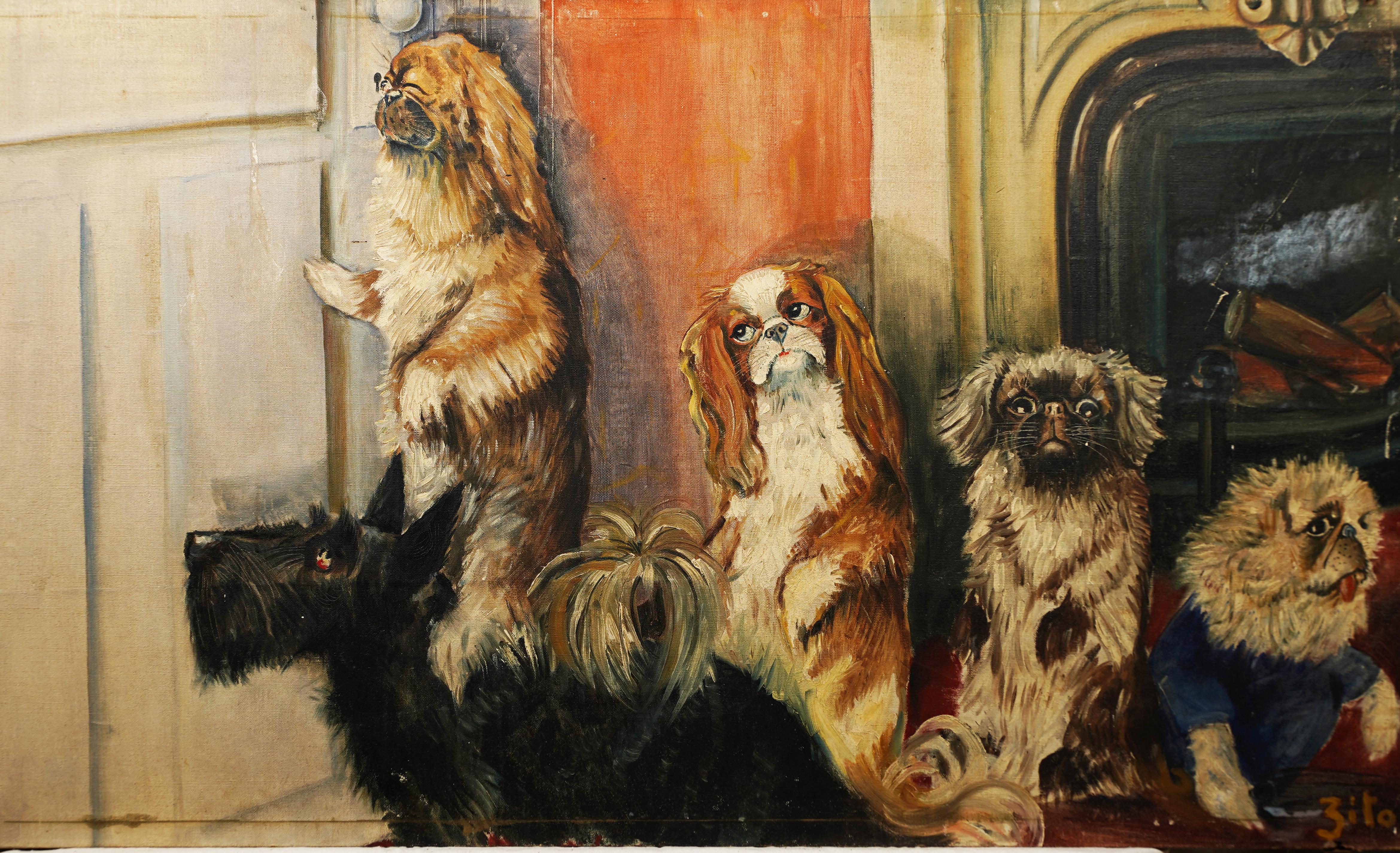 Grand portrait ancien de chien d'art populaire américain « Peep Hole », peinture à l'huile intérieure - Marron Interior Painting par Unknown