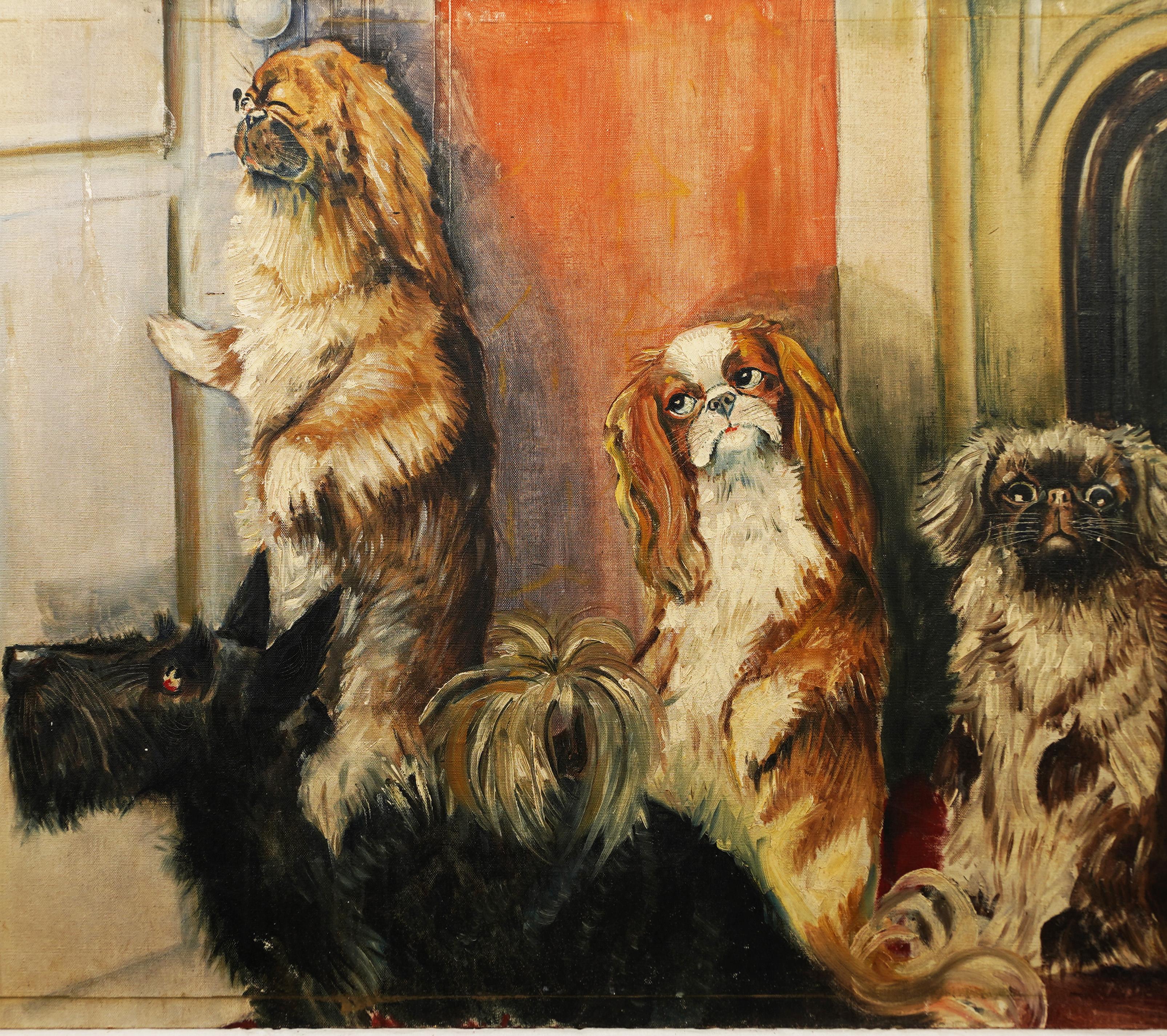 Grand portrait ancien de chien d'art populaire américain « Peep Hole », peinture à l'huile intérieure en vente 1