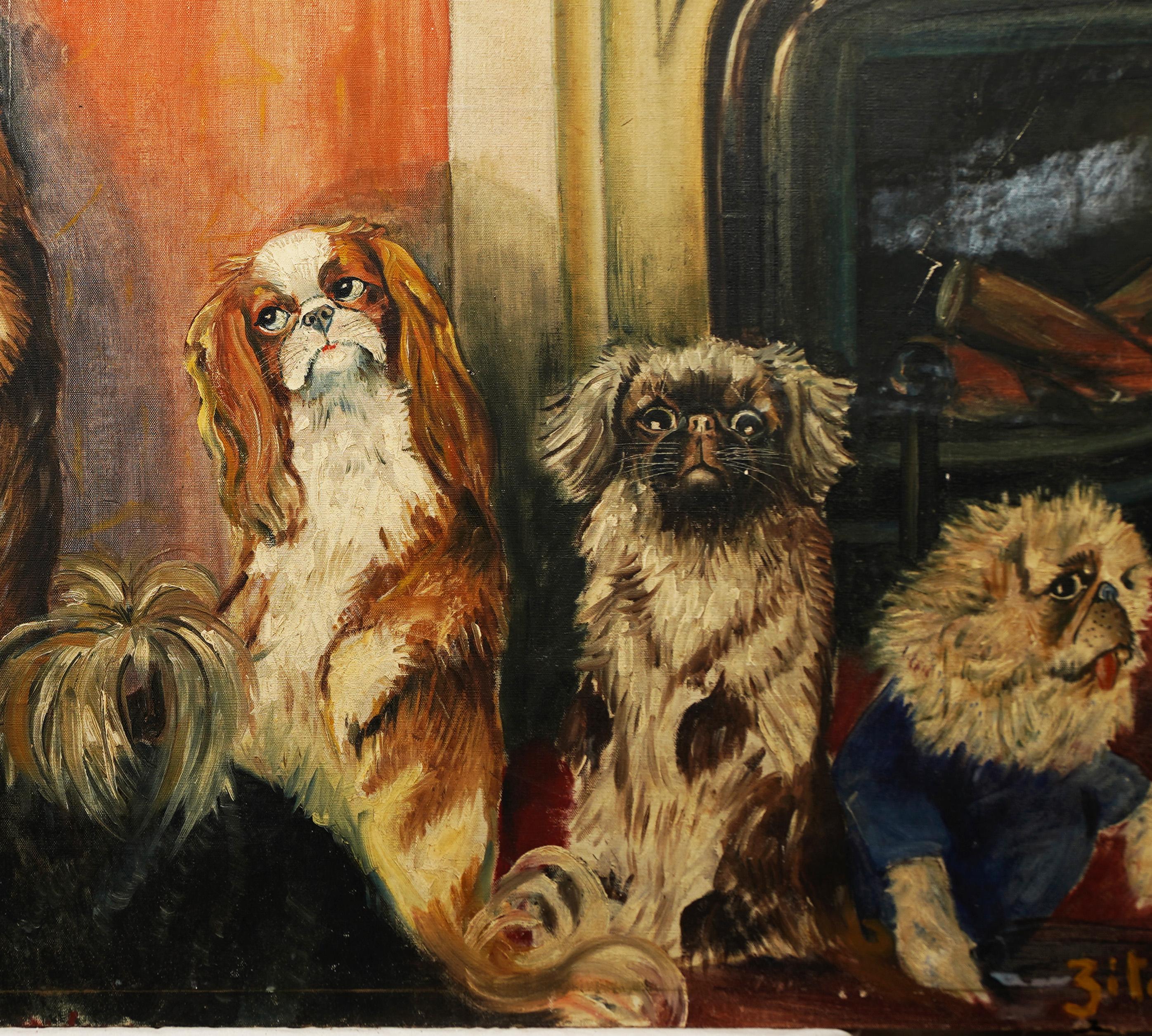 Grand portrait ancien de chien d'art populaire américain « Peep Hole », peinture à l'huile intérieure en vente 2