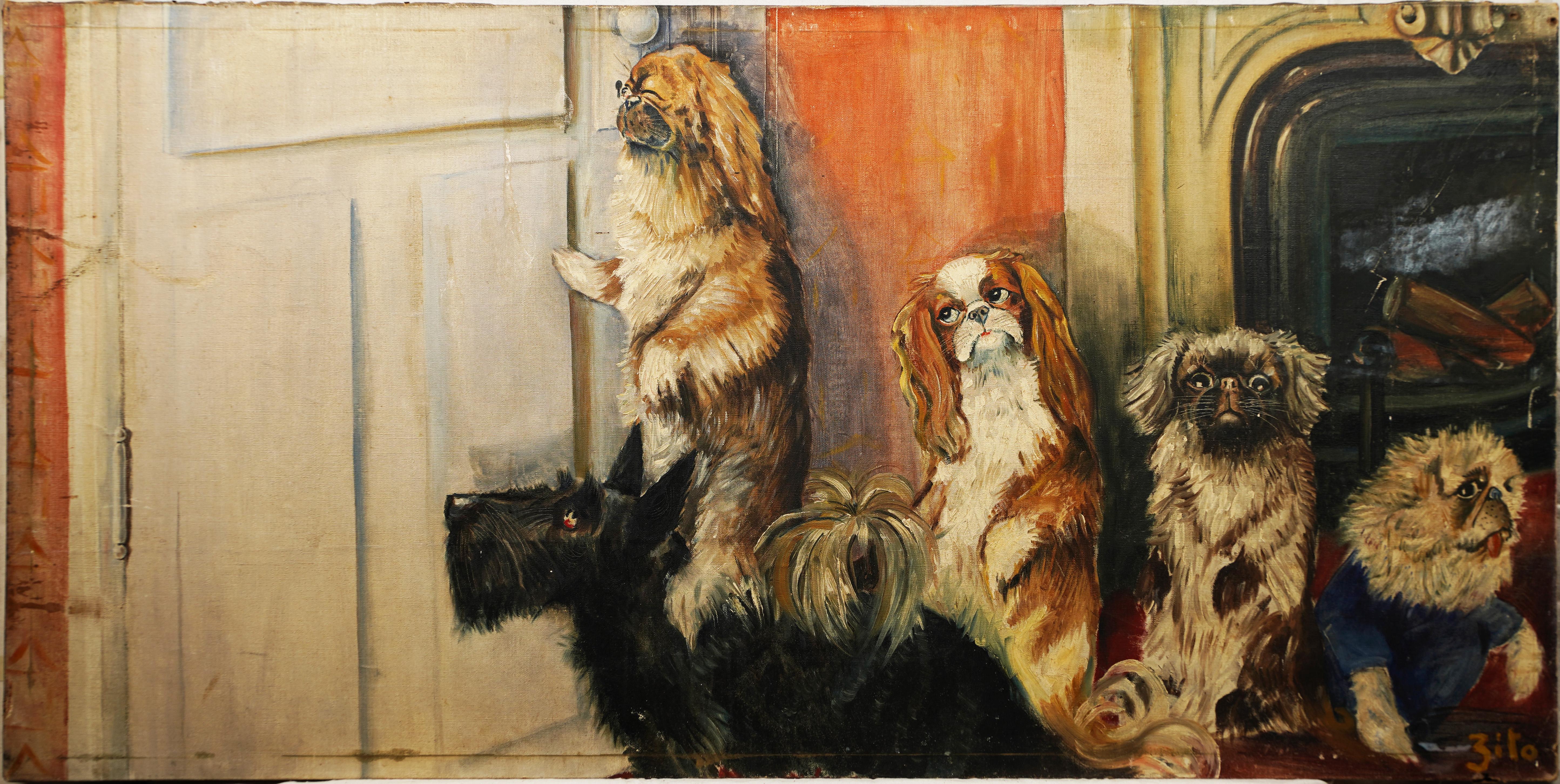Grand portrait ancien de chien d'art populaire américain « Peep Hole », peinture à l'huile intérieure