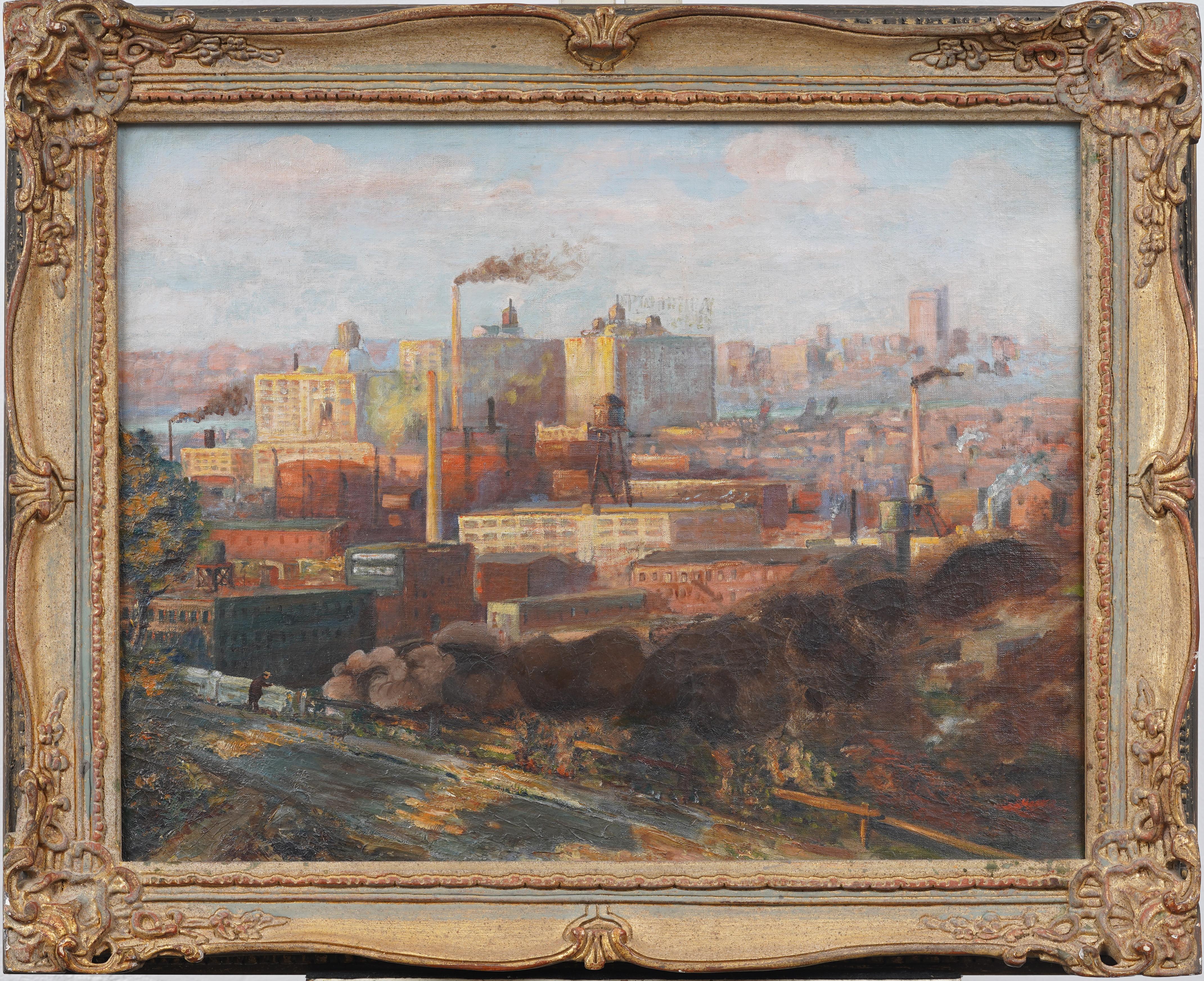 Grande dipinto antico impressionista americano con cornice e firma industriale