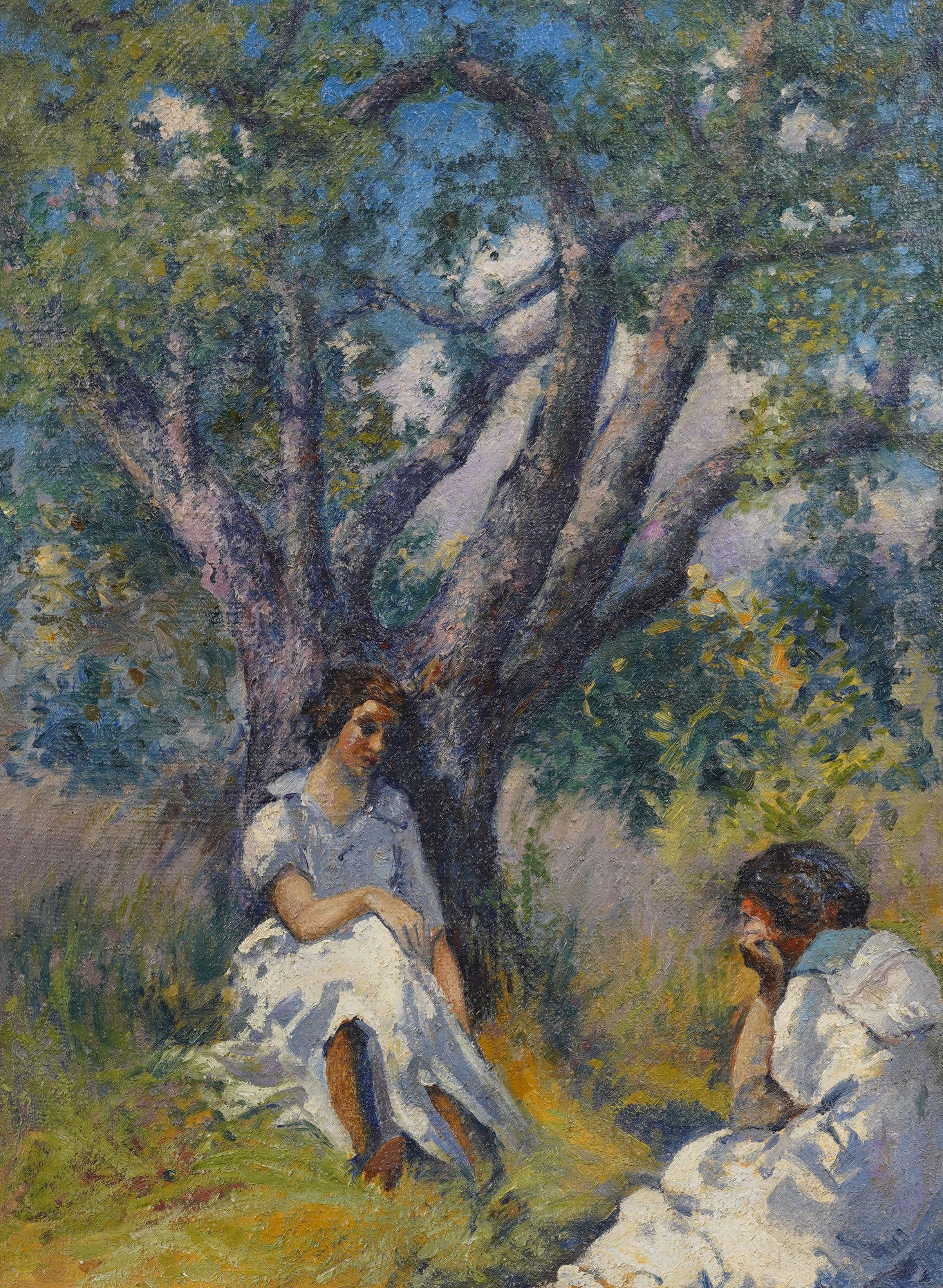 Large Antique American Impressionist Nicely Framed Picnic Landscape Oil Painting For Sale 1