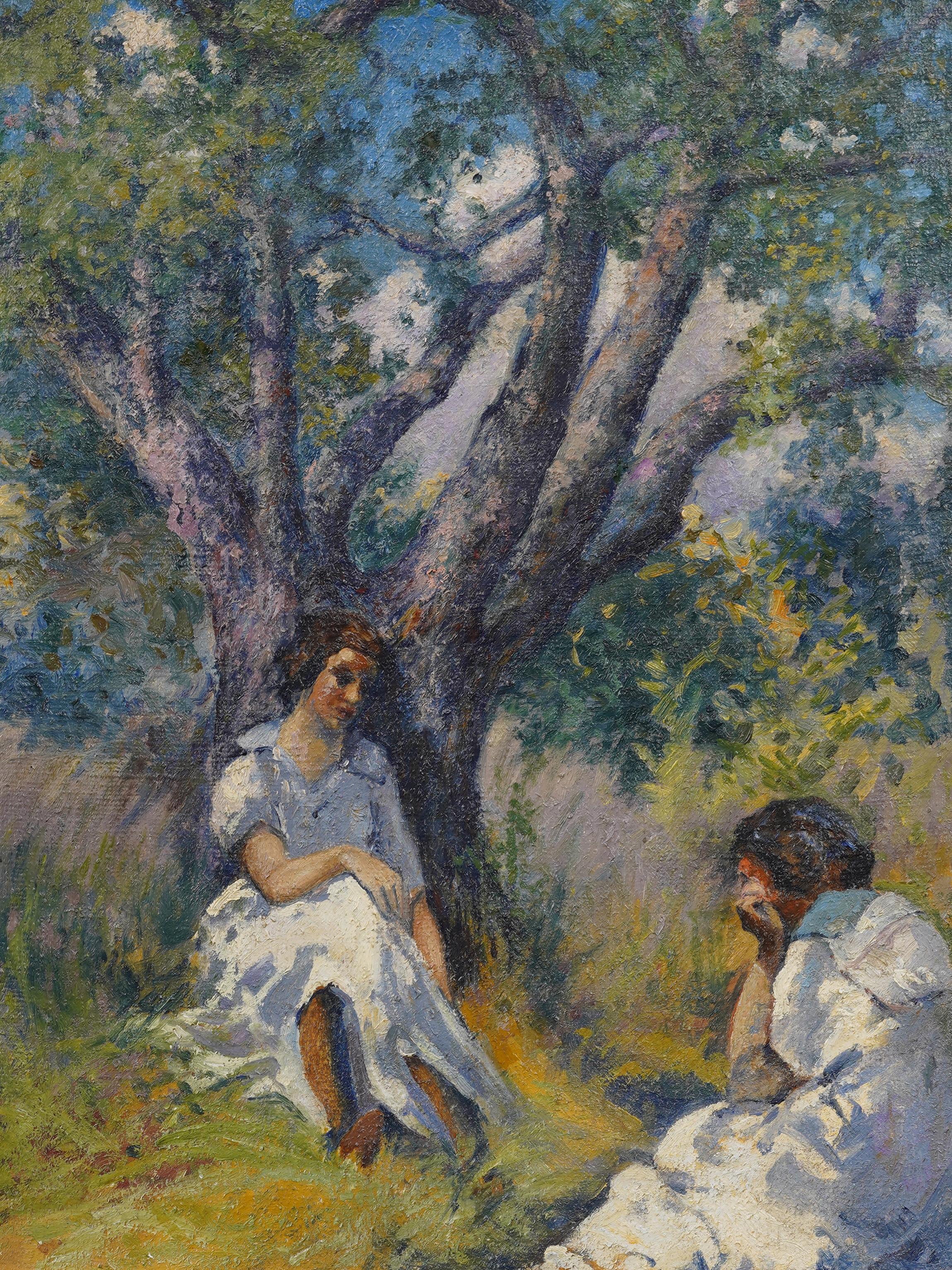 Large Antique American Impressionist Nicely Framed Picnic Landscape Oil Painting For Sale 2